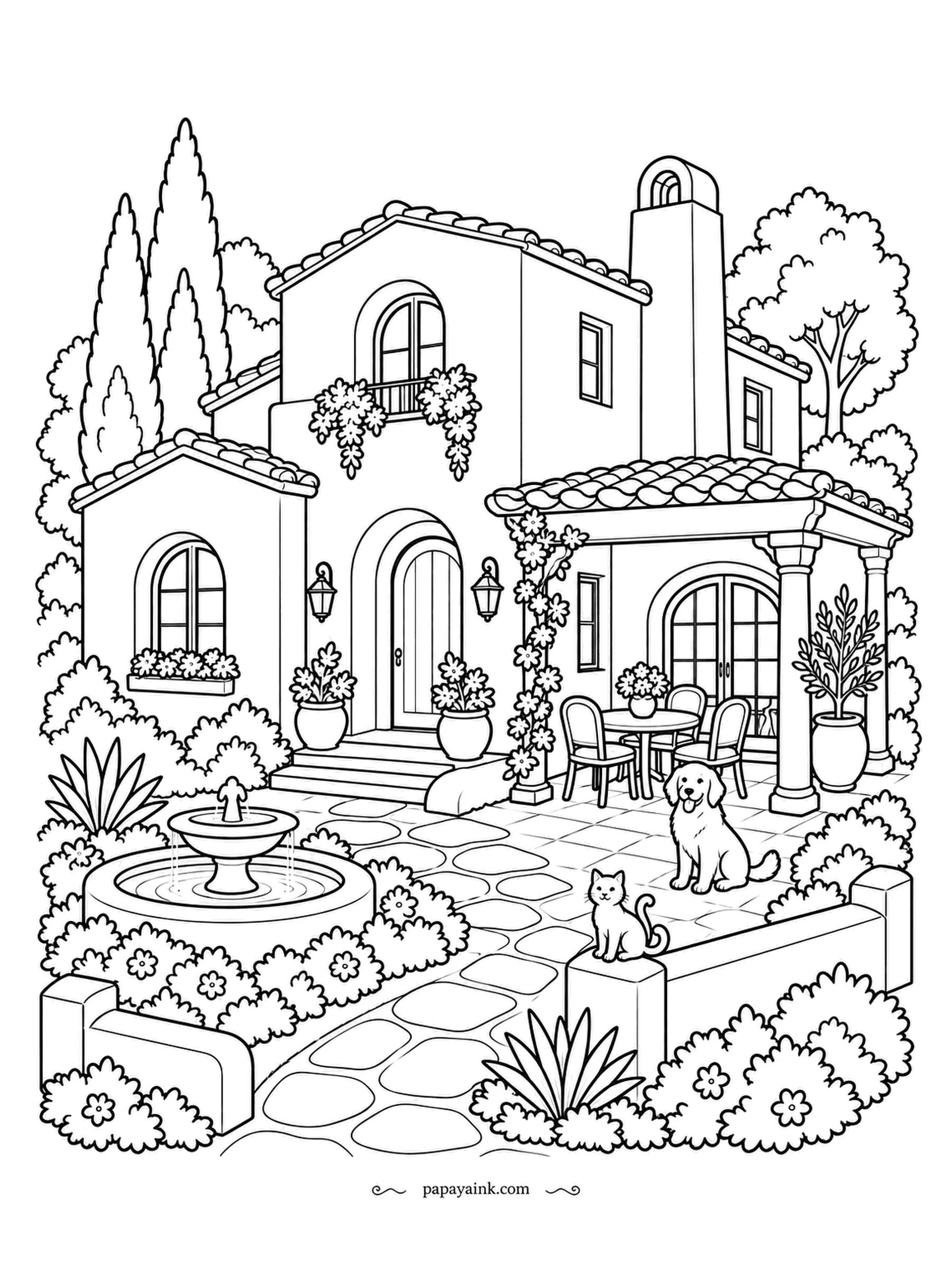 House Coloring Pages - Stucco and tile roofs around a courtyard with a fountain, a cafe table under the pergola, a flowering vine on the arch, cypresses behind. A dog sits on the flagstones, a cat on the wall. White walls, green garden - that is the whole recipe. Detailed.
