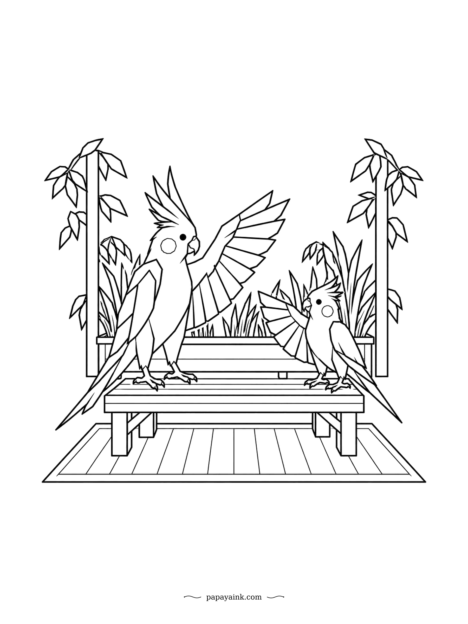 Parrot Coloring Pages - Monkey see, cockatiel do: the big bird lifts a wing, and the little one copies it exactly. Faceted low-poly feathers make every plane a separate shape to fill. Simple frame of leaves around the bench.