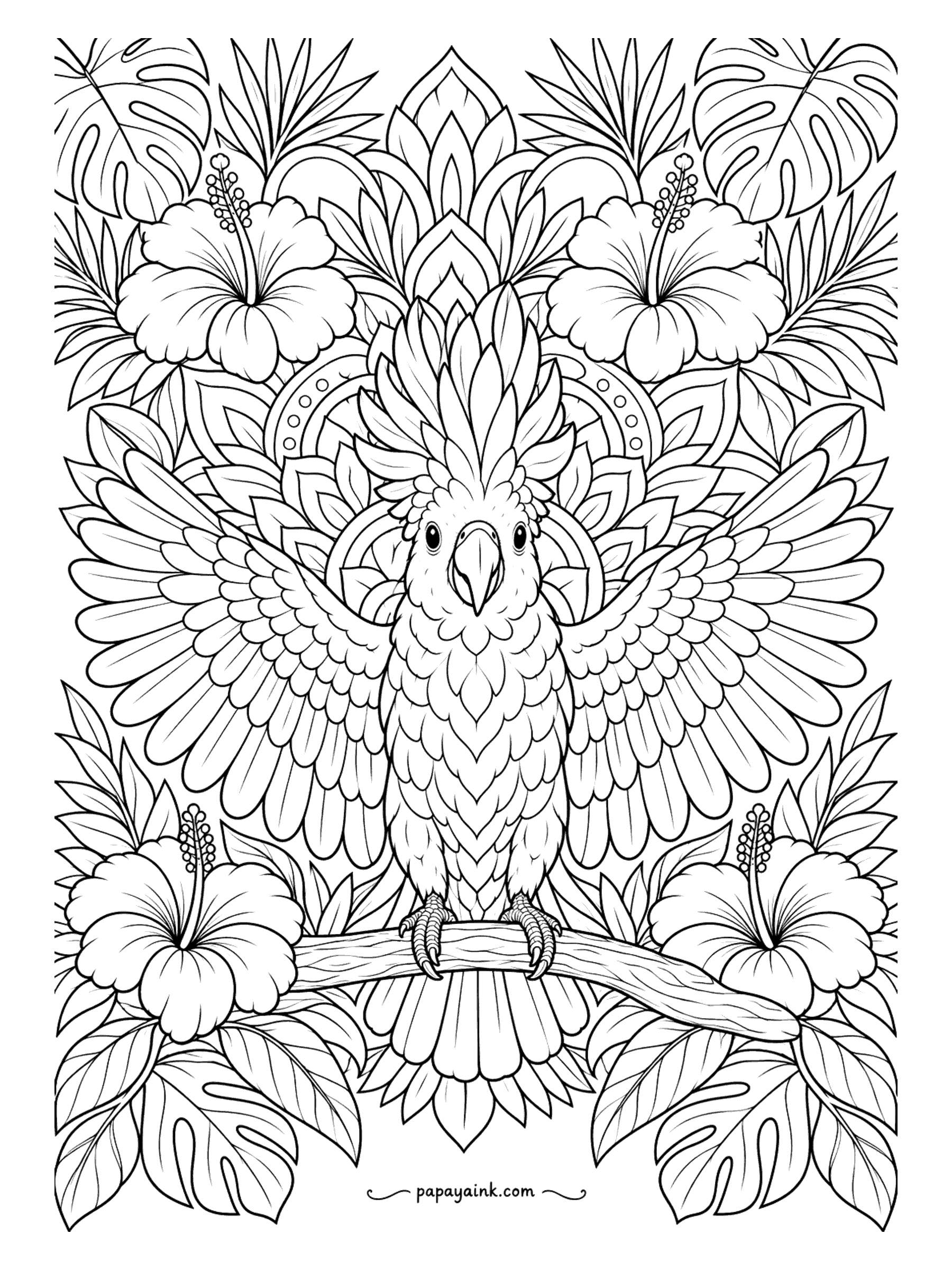 Parrot Coloring Pages - Feathers fanning out into a mandala, a cockatoo spreads its wings wide, framed by hibiscus and monstera leaves. Symmetry is the point: whatever you do on the left, repeat on the right. Detailed.