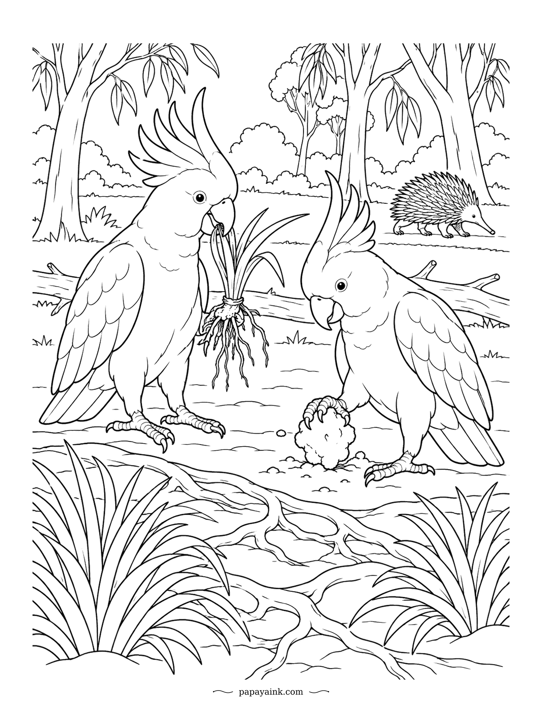 Parrot Coloring Pages - Cockatoos dig for roots and bulbs with those strong curved beaks, and these two have pulled up a whole clump. Behind them an echidna is on its own search for ants. Detailed bushland with tangled roots underfoot.