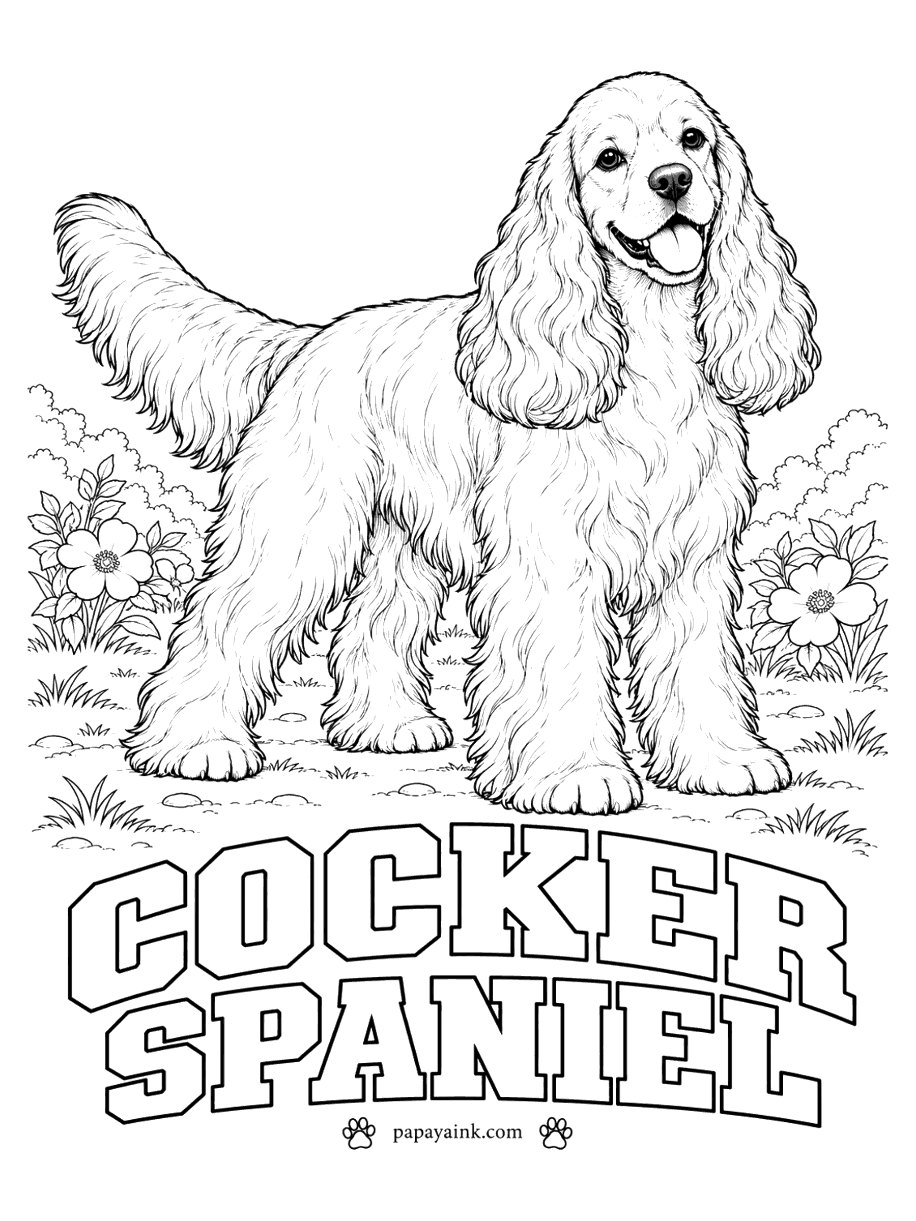 Free Printable Dog Coloring Pages - America's own spaniel, smaller than its English cousin, with a domed head and very long, wavy ears. Buff is the famous cocker spaniel color; black, brown, and white with patches are equally correct. The feathering on the legs wants long, loose strokes.