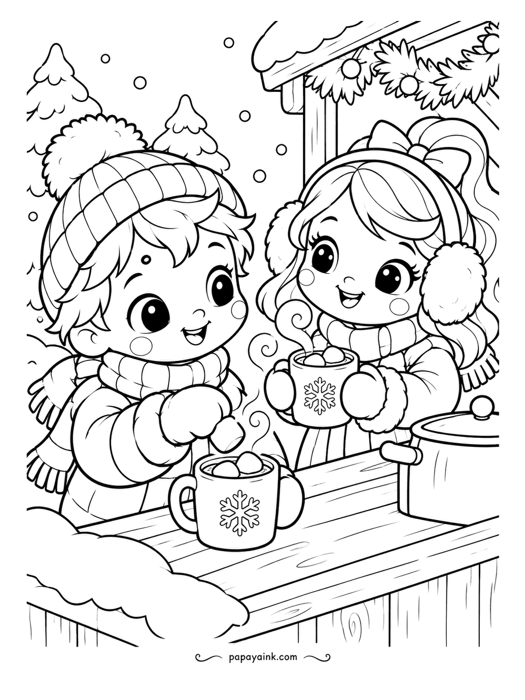 Cute Winter Coloring Pages - Cocoa for two at the snack hut: a boy drops marshmallows into the mugs while a girl in earmuffs keeps hers steady, steam rising. Garland along the roof. Brown cocoa, white marshmallows, red mugs.