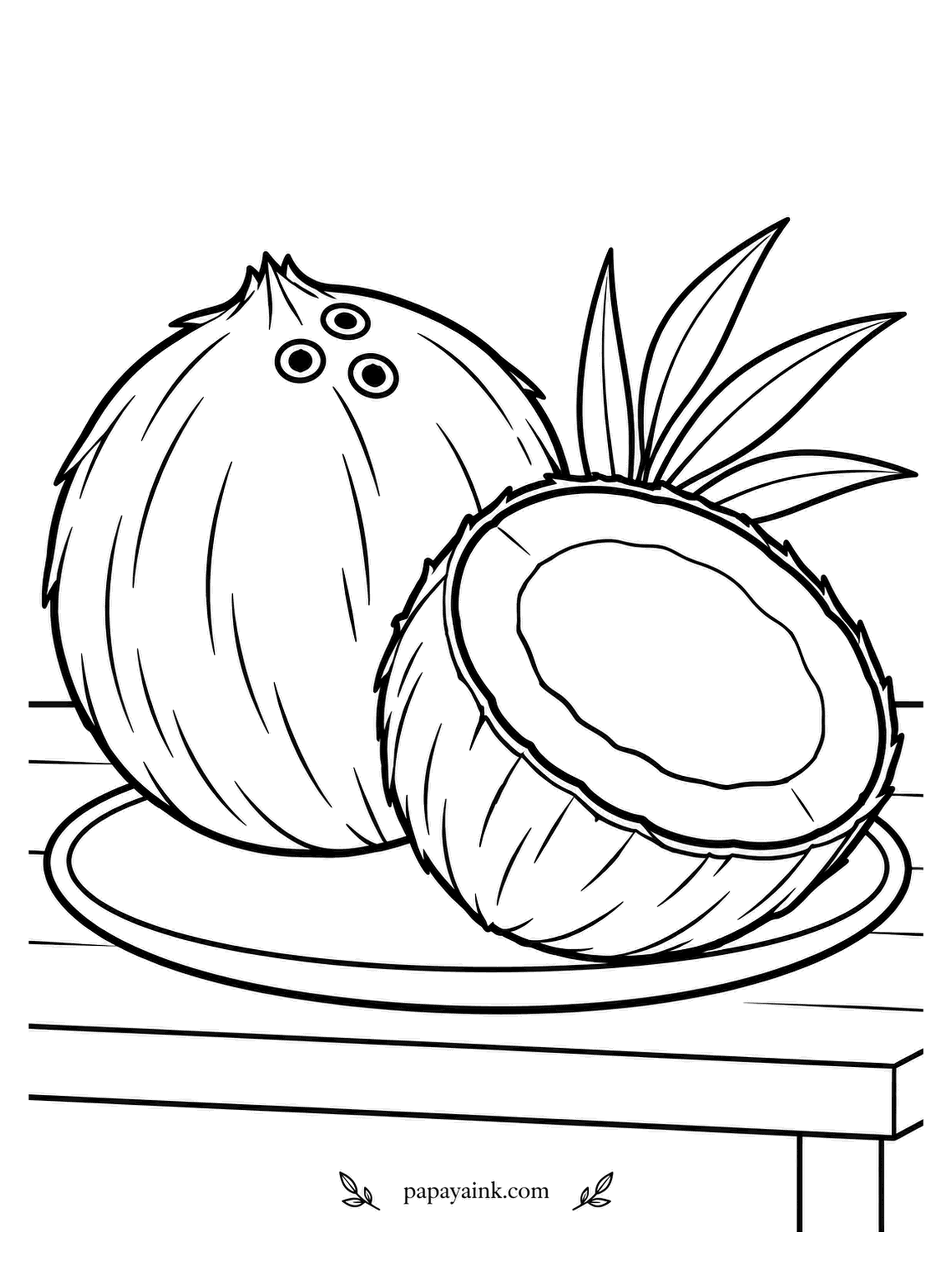Fruit Coloring Pages - Those three dots on top of the coconut are germination pores, and one of them is soft enough to poke through. Whole nut, a split half with white meat, palm fronds at the side. Hairy brown husk, cream interior, nothing else needed.