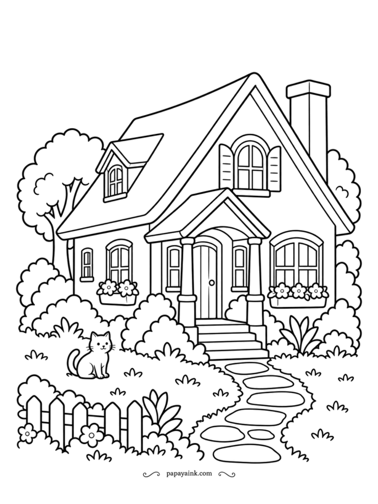 House Coloring Pages - A colonial cottage with a steep gable, a dormer, a shuttered gable window, a narrow columned porch and a cat on the lawn. Flower boxes, a picket fence, a walk of flat stones. Shutters darker than the walls, and the house snaps into focus.