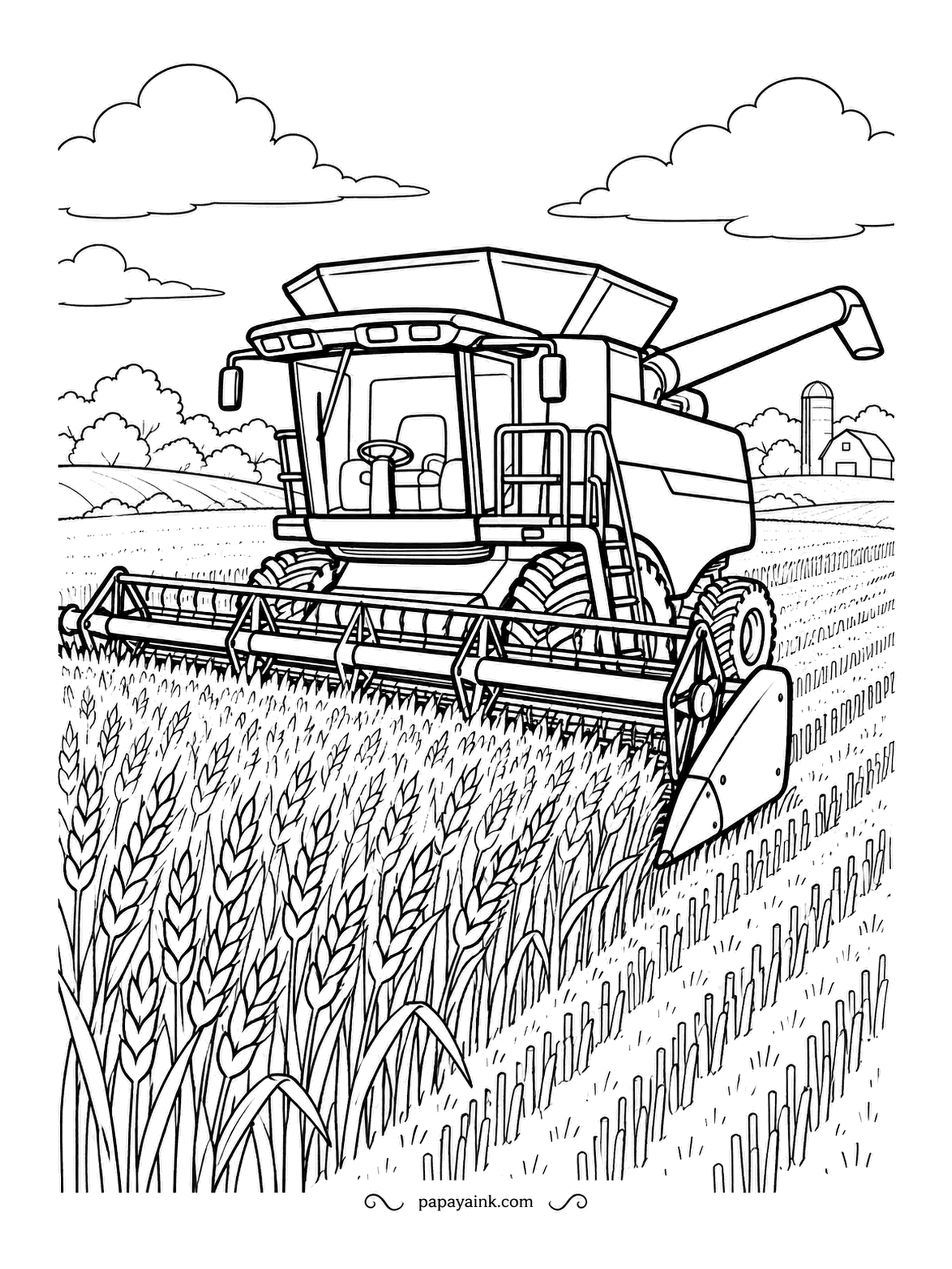 Farm Coloring Pages - Combine harvester moving through standing wheat, the header spinning in front and a clean stubble strip in its wake. Detailed - every stalk in the uncut field is drawn. Green or red for the machine, gold for everything it has not reached yet.