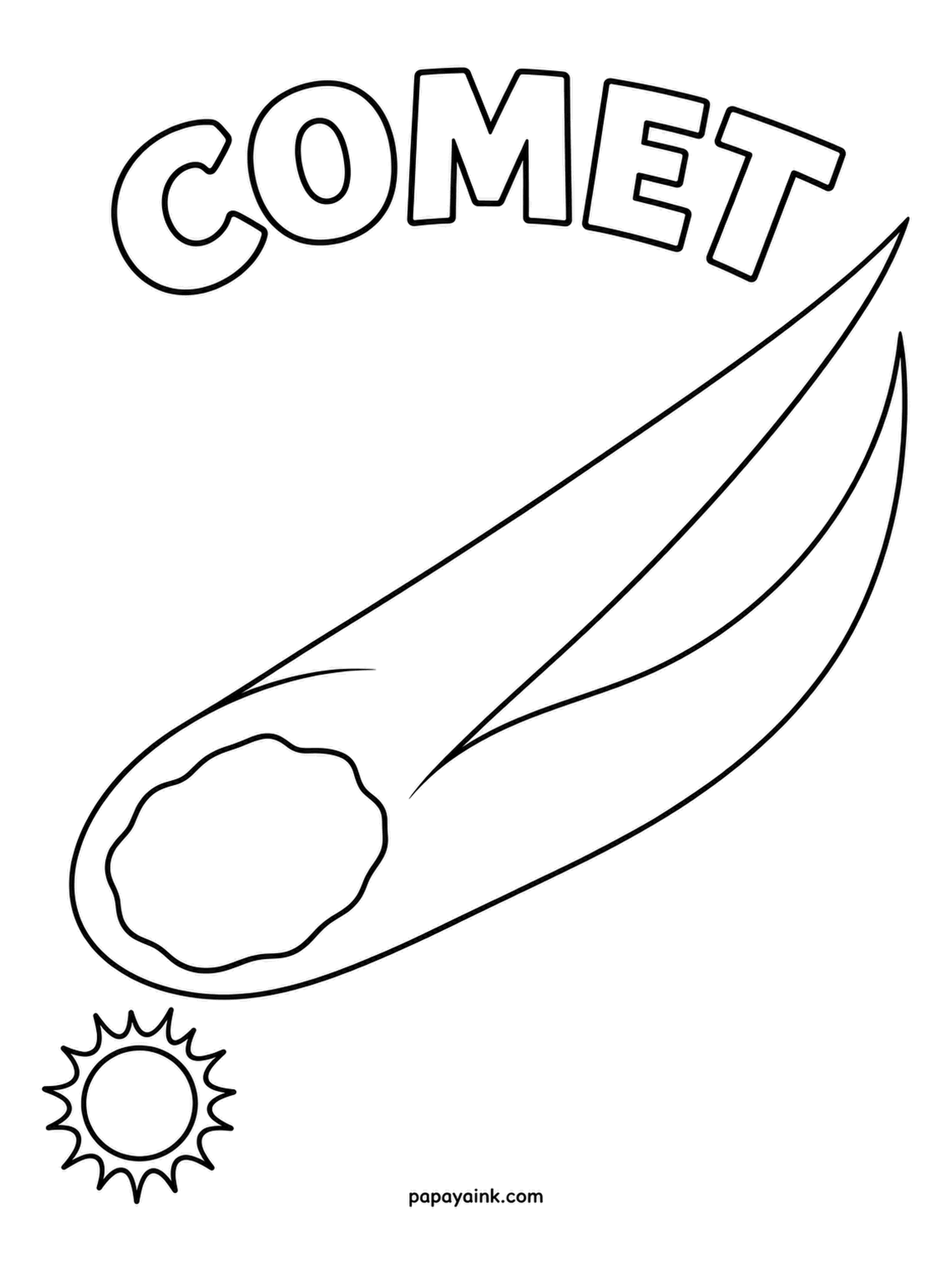 Planet Coloring Pages - A comet is a dirty snowball that grows a tail when it nears the Sun, and the tail always points away from it, as drawn. Color the nucleus charcoal, then fade the tail from silver at the head to a faint tint at the tips.
