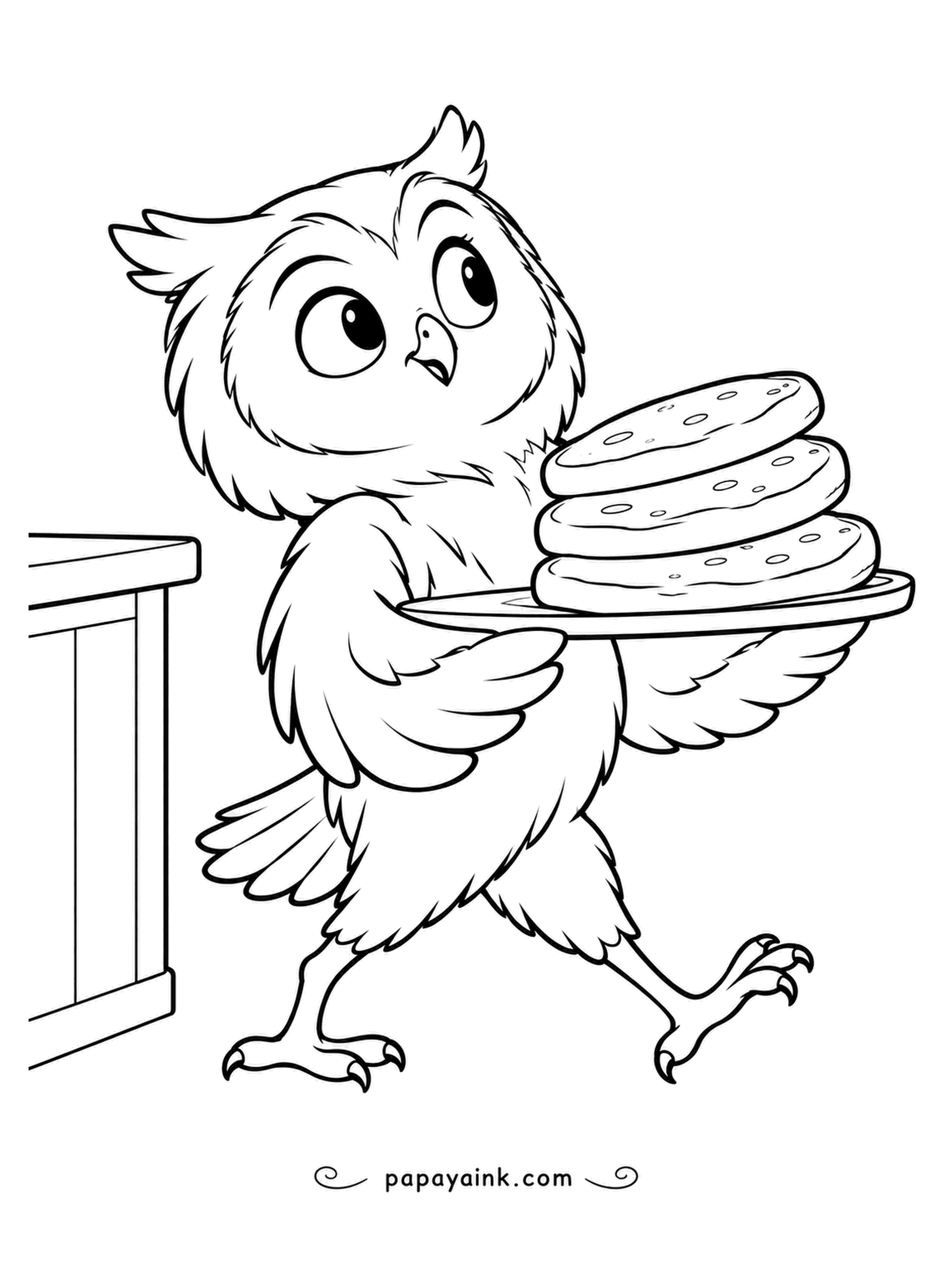 Owl Coloring Pages - Breakfast is served, wobbling: three pancakes on one plate, and each stride makes the stack lean a little more. The owl keeps its eyes on the top one and tiptoes with enormous care. Golden browns and a bright plate.