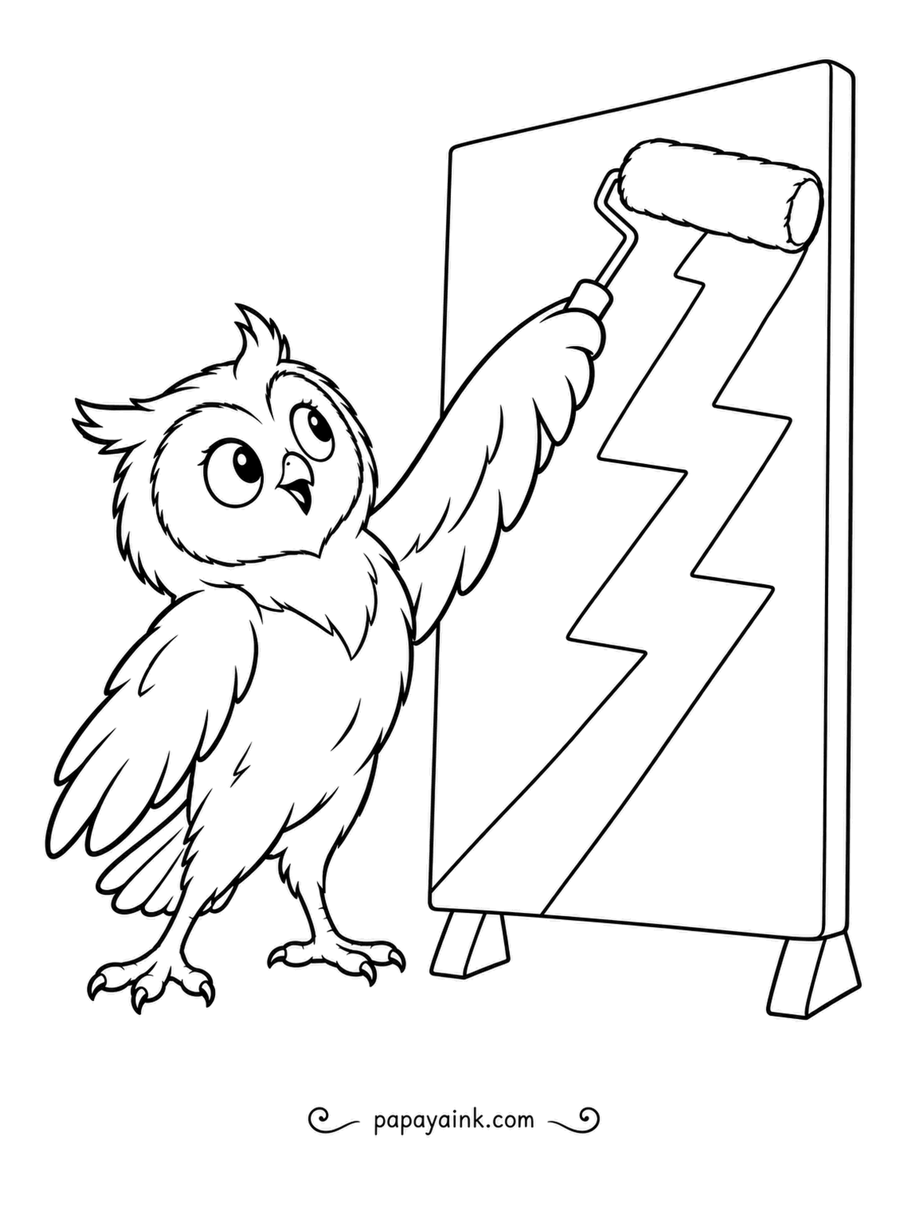 Owl Coloring Pages - Paint day: a single sweep of the roller and a zigzag appears on the board. The young decorator looks up, slightly amazed at the result. Big shapes and a bold bolt - pick two contrasting colors.