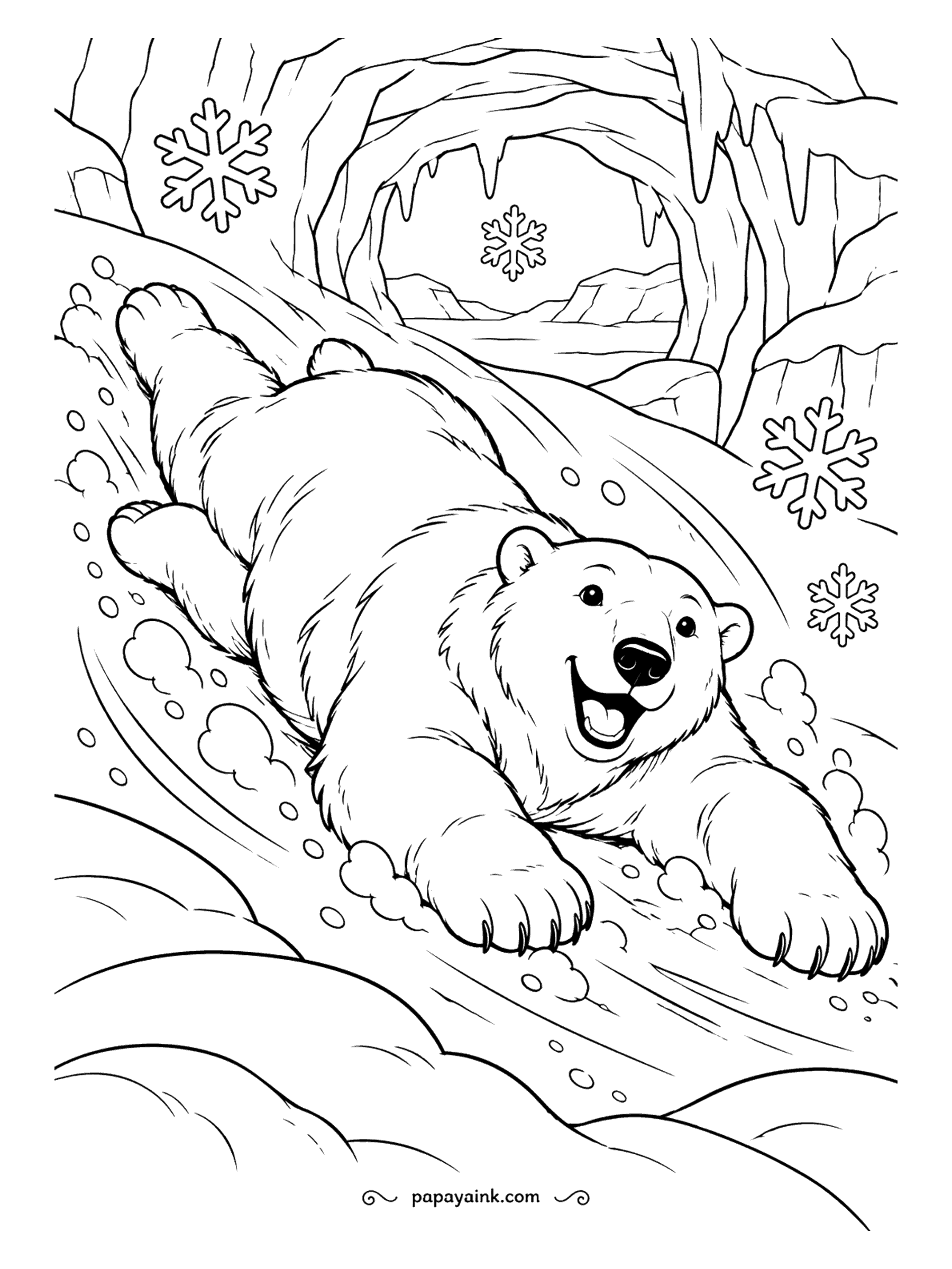 Polar Bear Coloring Pages - Belly-first down the hill at full speed, mouth open, snow flying in every direction - a cartoon bear on the best slide in the Arctic. Easy shapes with lots of motion; let the spray stay white.