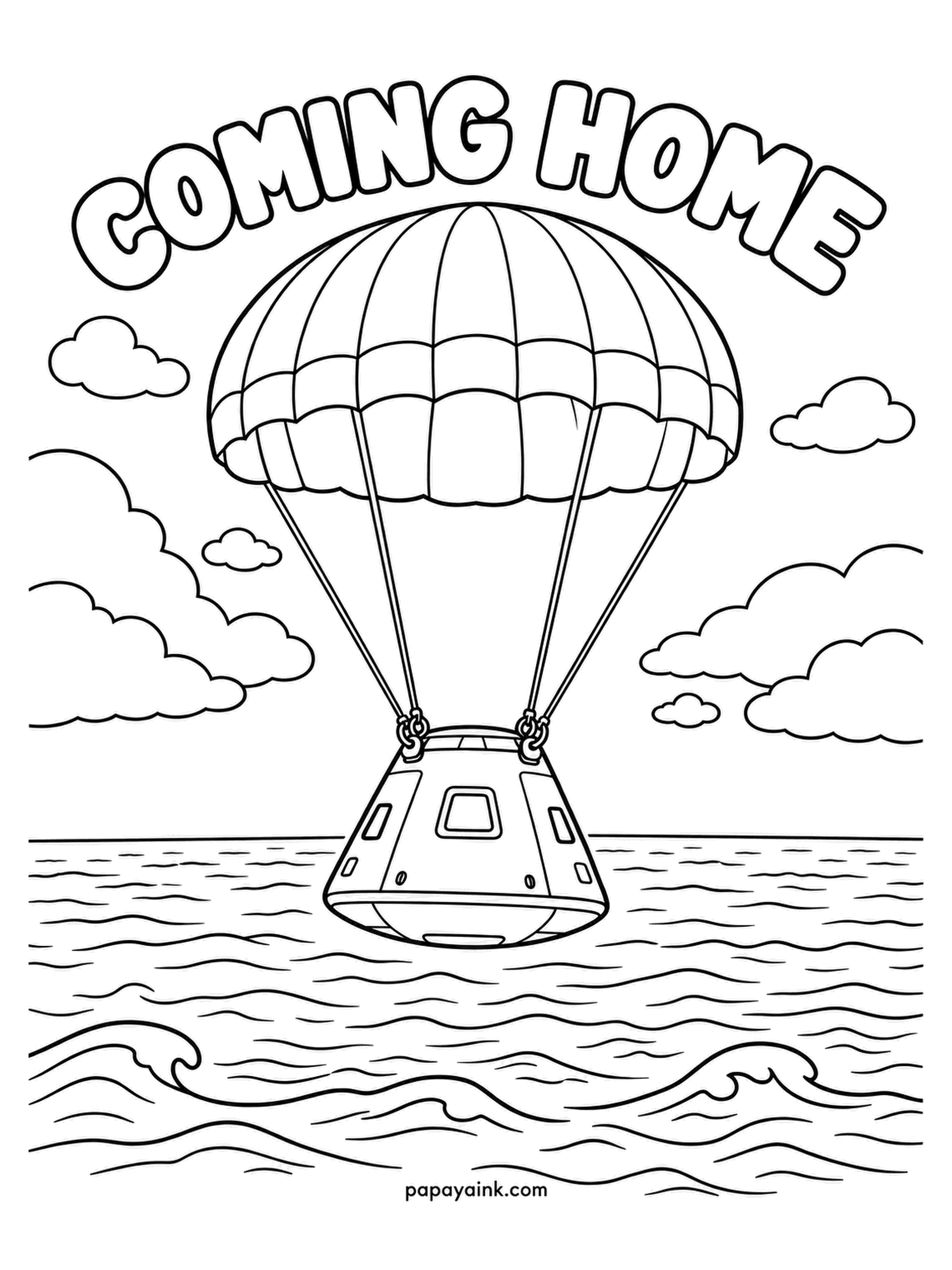 Earth Coloring Pages - A capsule drifts down under a striped parachute toward a calm sea - the way crews have returned from orbit for decades, a splashdown instead of a runway. Alternate two colors on the parachute panels and keep the capsule dark and scorched from re-entry.