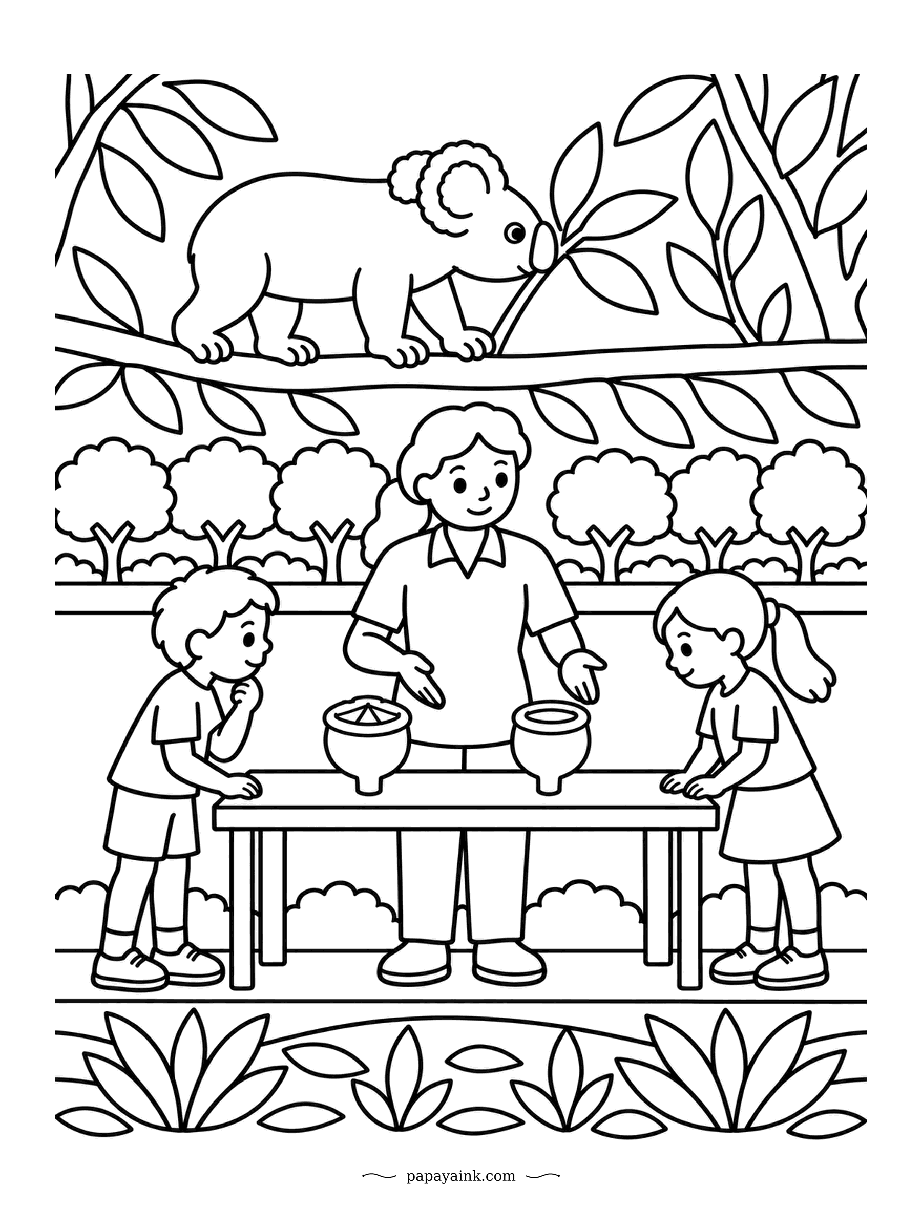 Koala Coloring Pages - Gumnuts are the woody seed capsules of the eucalyptus, and up close they look like tiny cups with lids. Two kids study a pair of oversized models on the table while a koala walks the branch overhead. Bold, easy shapes.