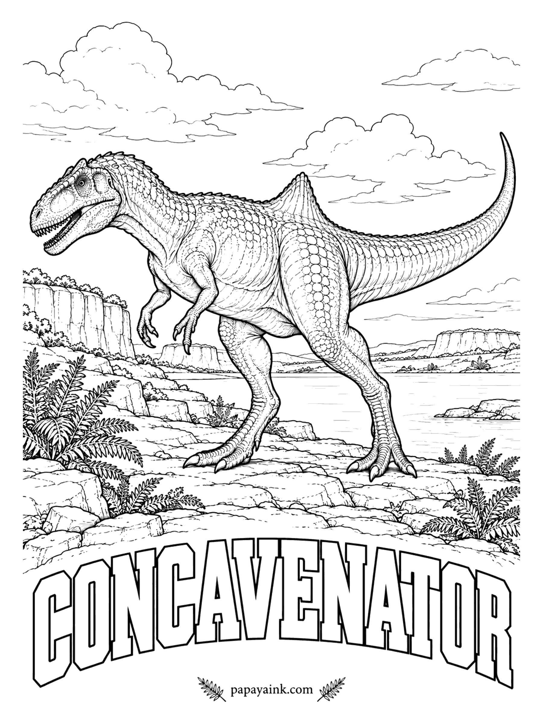 Free Printable Dinosaur Coloring Pages - Nobody knows what the pointed hump just in front of the hips was for; two tall spines hold it up. Concavenator (kon-KAV-eh-NAY-tor, hunter from Cuenca) also has small bumps along a forearm bone that may have anchored quills. A meat-eater up to 20 feet long. Spain, about 125 million years ago.