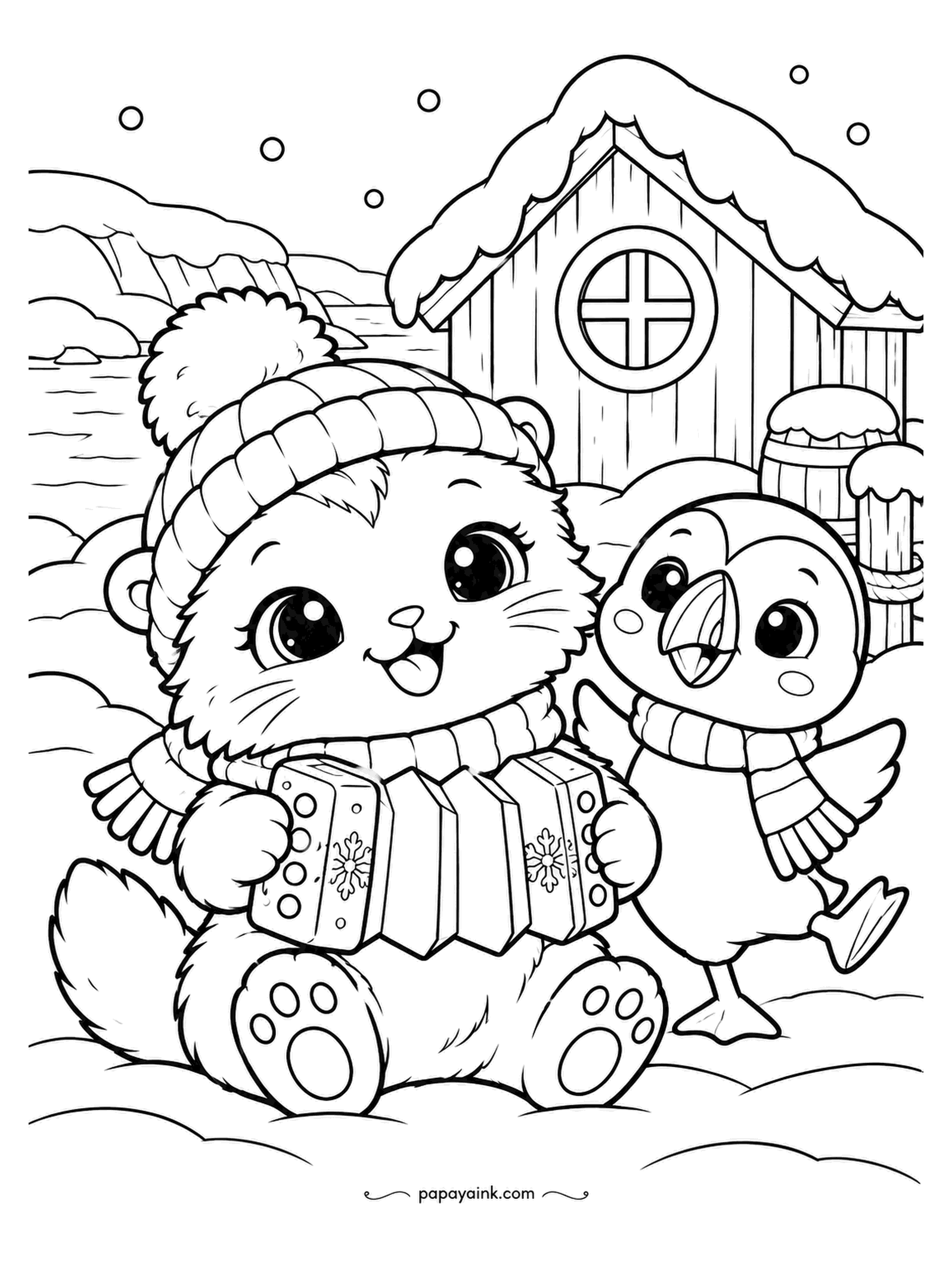 Kawaii Winter Coloring Pages - Concertina on the shore. The kitten squeezes out a tune, the puffin dances on one foot, and the hut behind them has shut its round window against the noise. Red bellows with snowflake trim look right.