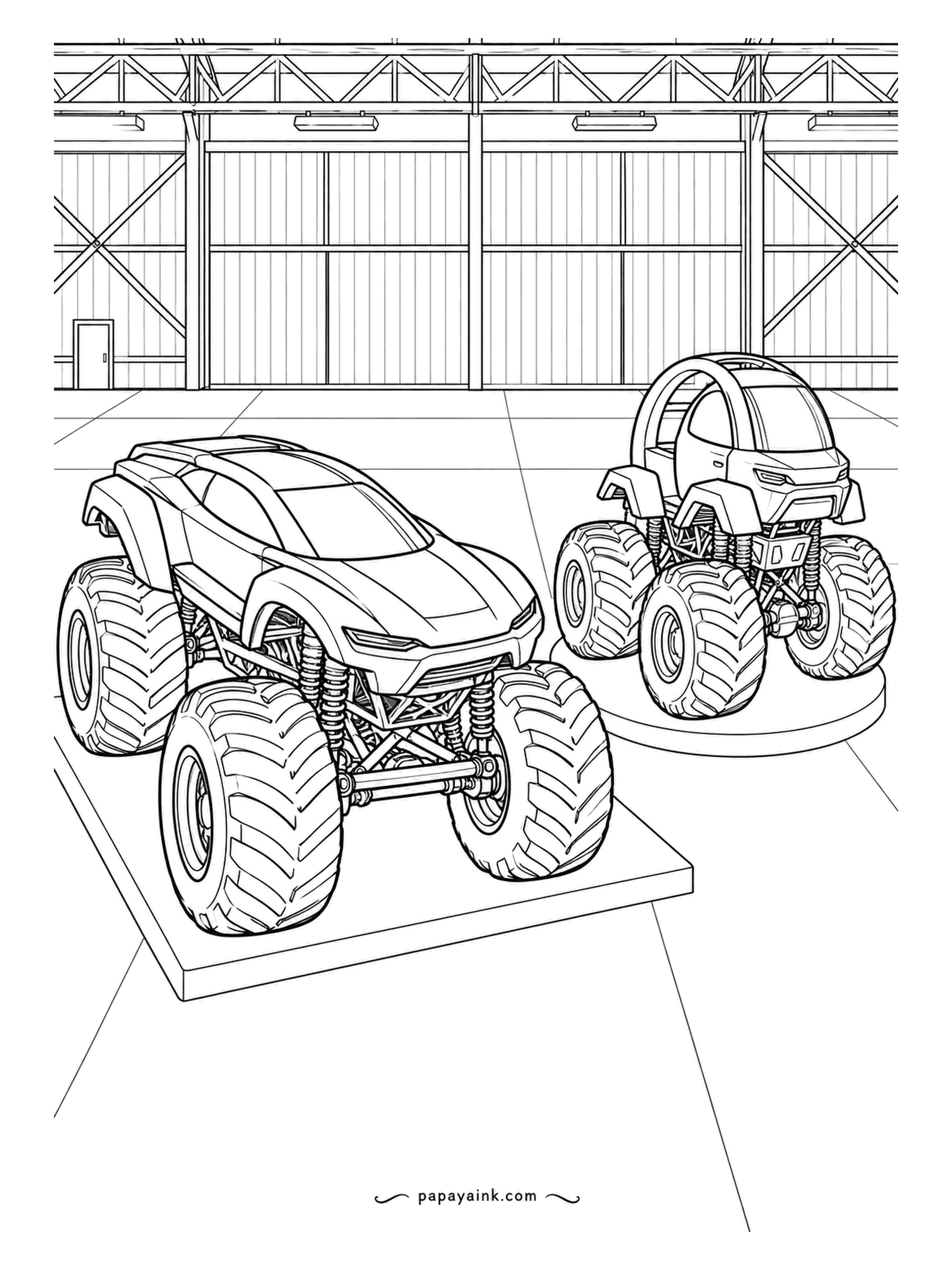 Monster Truck Coloring Pages - Two show trucks parked on display plinths inside a steel hangar. The fastback in front has a roof that flows straight into the tail; the tall cab beside it looks built for a giant. Detailed - girders, panel seams and tread.