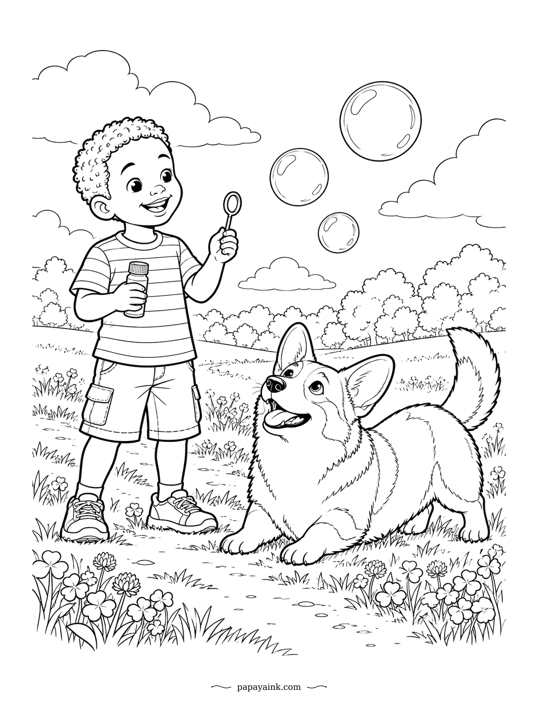 Corgi Coloring Pages - Four bubbles are airborne, and the corgi is tracking the biggest. The boy has already dipped the wand for the next round, so the dog waits in the clover, tongue out. Draw the bubbles with a faint rainbow rim and no fill.