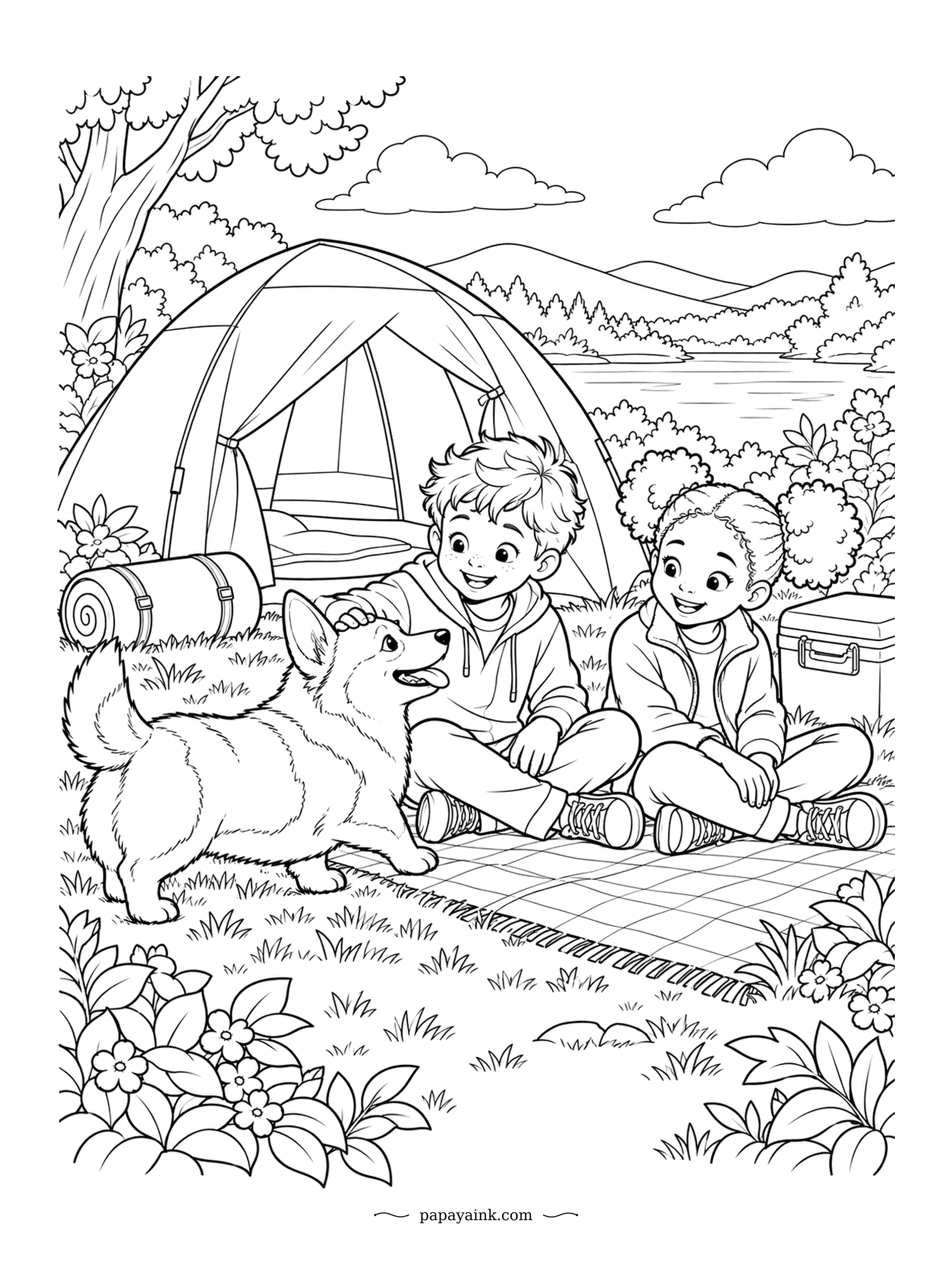 Corgi Coloring Pages - Tent up, lake in view, cooler within reach: the camp is ready, and the corgi is receiving a head rub for supervising the setup. The sleeping bag beside him is still rolled. Dusk colors on the hills would make the tent glow.