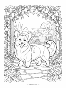 Corgi Coloring Pages - The pears are ripe, and the corgi under the arbor knows whose garden this is. He stands on the cobbles with his tail up and the gate open behind him, hydrangeas crowding both sides. Pale yellow for the pears, then the coat.