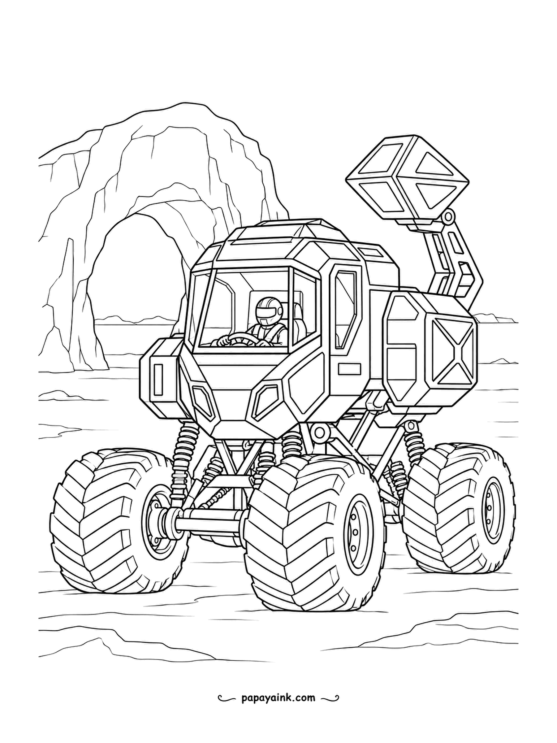 Monster Truck Coloring Pages - Cube cab with the corners sliced off, a small crane tucked over the back, parked in front of an ice arch with the driver looking out. Pale blues for the ice, a warm color on the cube.
