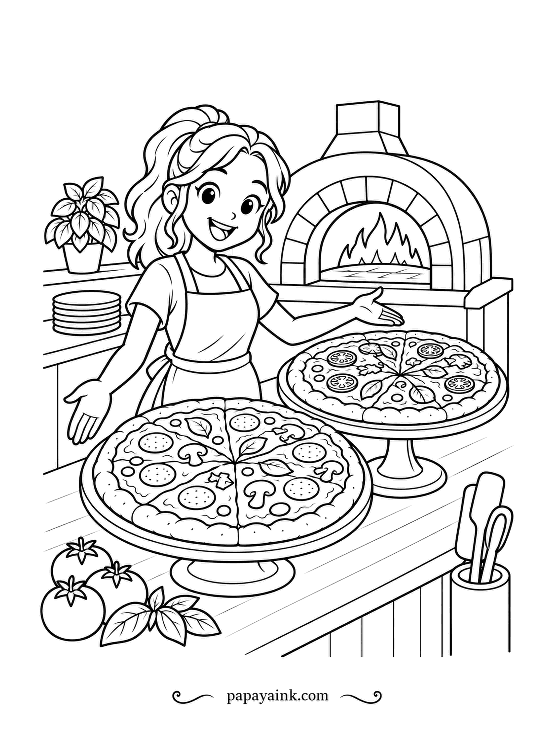 Pizza Coloring Pages - Behind the counter a cook presents two finished pizzas on cake stands, with the oven roaring in the back and plates stacked on the shelf. Flames in orange and yellow, a chalky white for the plates.