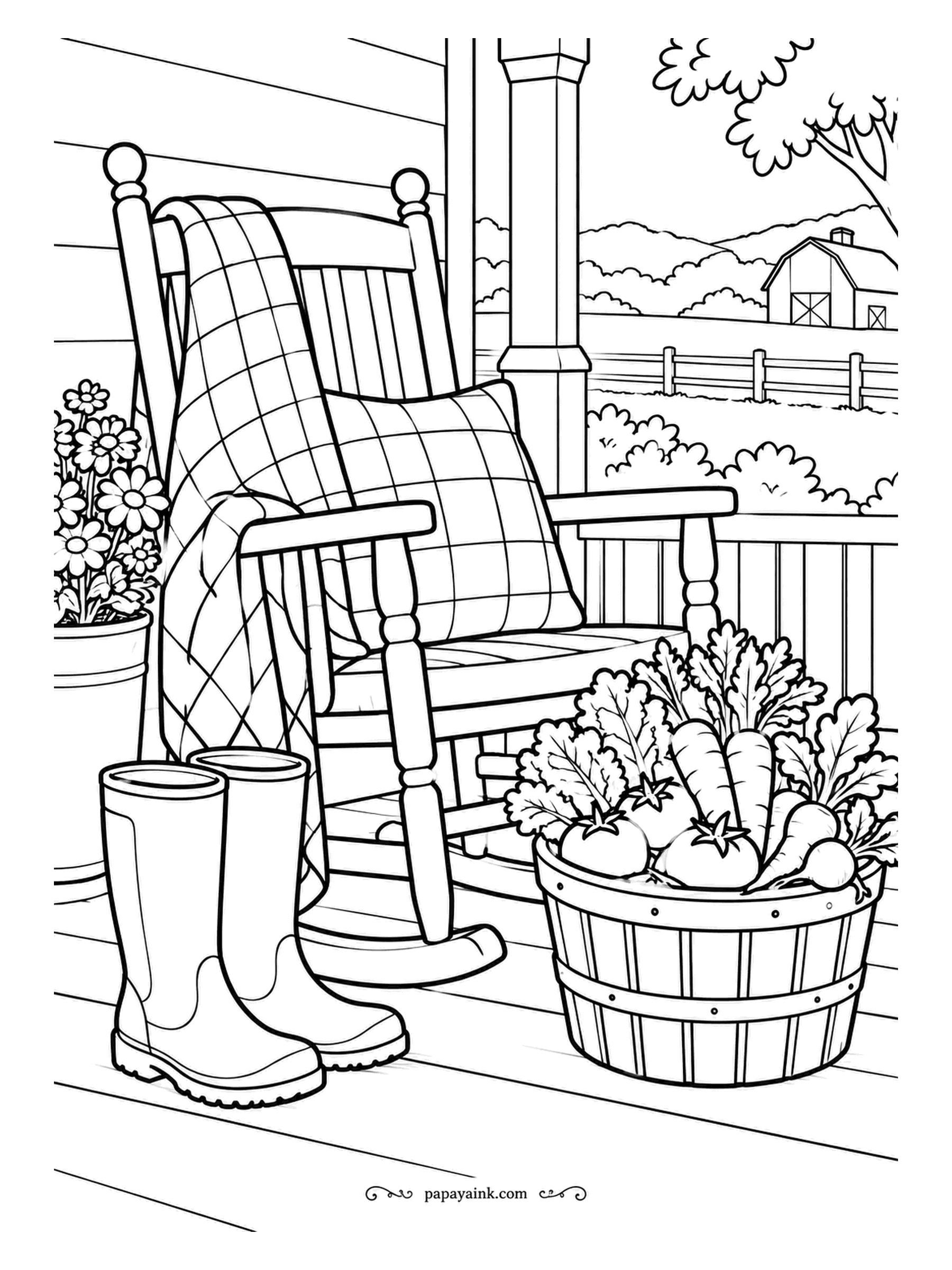 Farm Coloring Pages - Farmhouse porch with a rocking chair, a plaid blanket thrown over the back and rubber boots parked by the post. The basket holds carrots, tomatoes and a few leafy greens fresh from the rows. A barn waits across the field for whoever stands up.