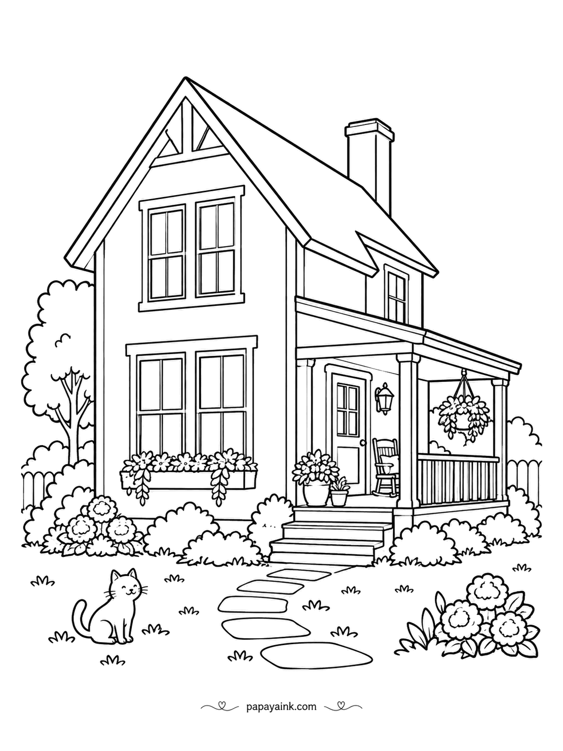 House Coloring Pages - Tall windows, a steep gable and a side porch with a rocker: a house built like an old one-room schoolhouse, a hanging basket by the door and a cat on the lawn. Schoolhouses were nearly always white, with a dark roof.