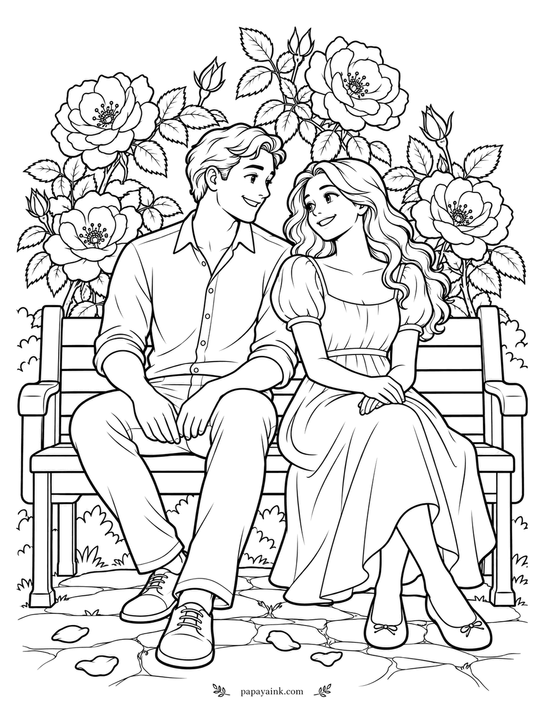 Rose Coloring Pages - A first date or a fortieth anniversary - the bench does not ask. The couple sits close under an overhang of semi-double roses, a few fallen petals at their feet. Detailed, with plenty of soft fabric folds to shade.