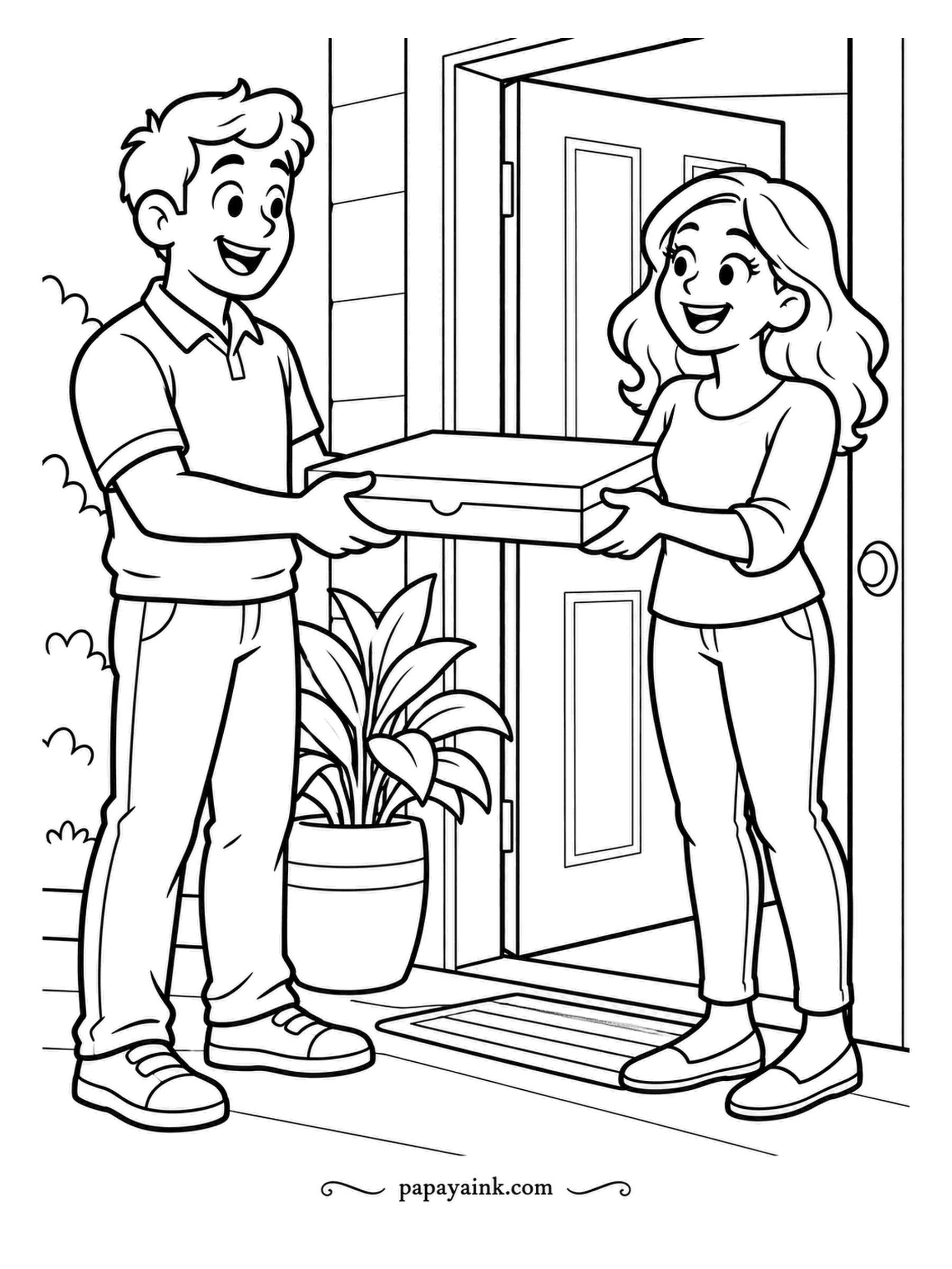 Pizza Coloring Pages - Handover at the open door, both people smiling, a potted plant and a doormat as witnesses. The box itself is nearly blank - a good spot to invent a pizzeria logo of your own.