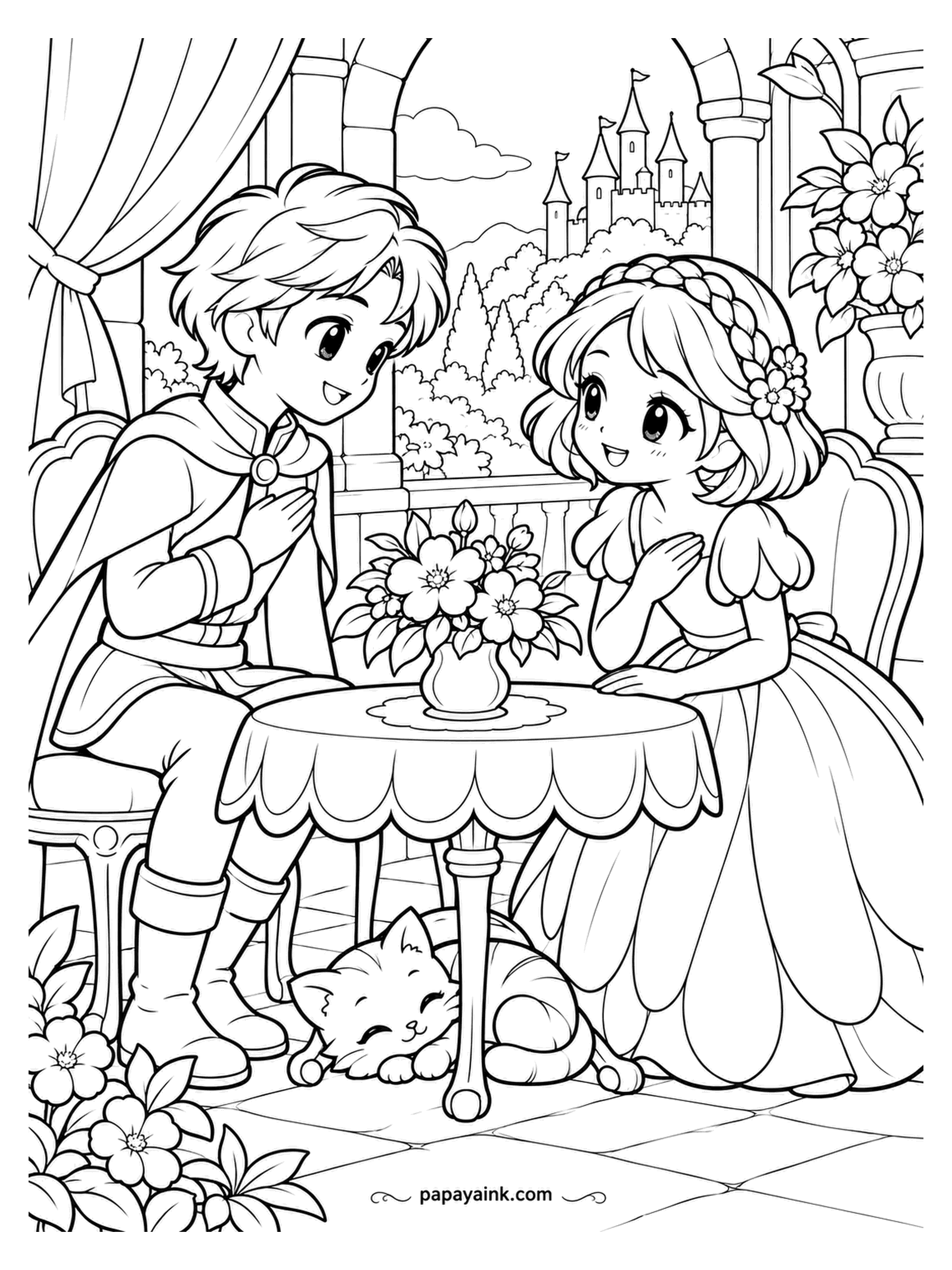 Kawaii Princess Coloring Pages - A formal introduction, taken seriously by everyone except the cat. The prince and princess bow across the flower vase while it naps under the table; the castle watches from the arch behind. Lace tablecloth - slow, pleasant work for a white gel pen.