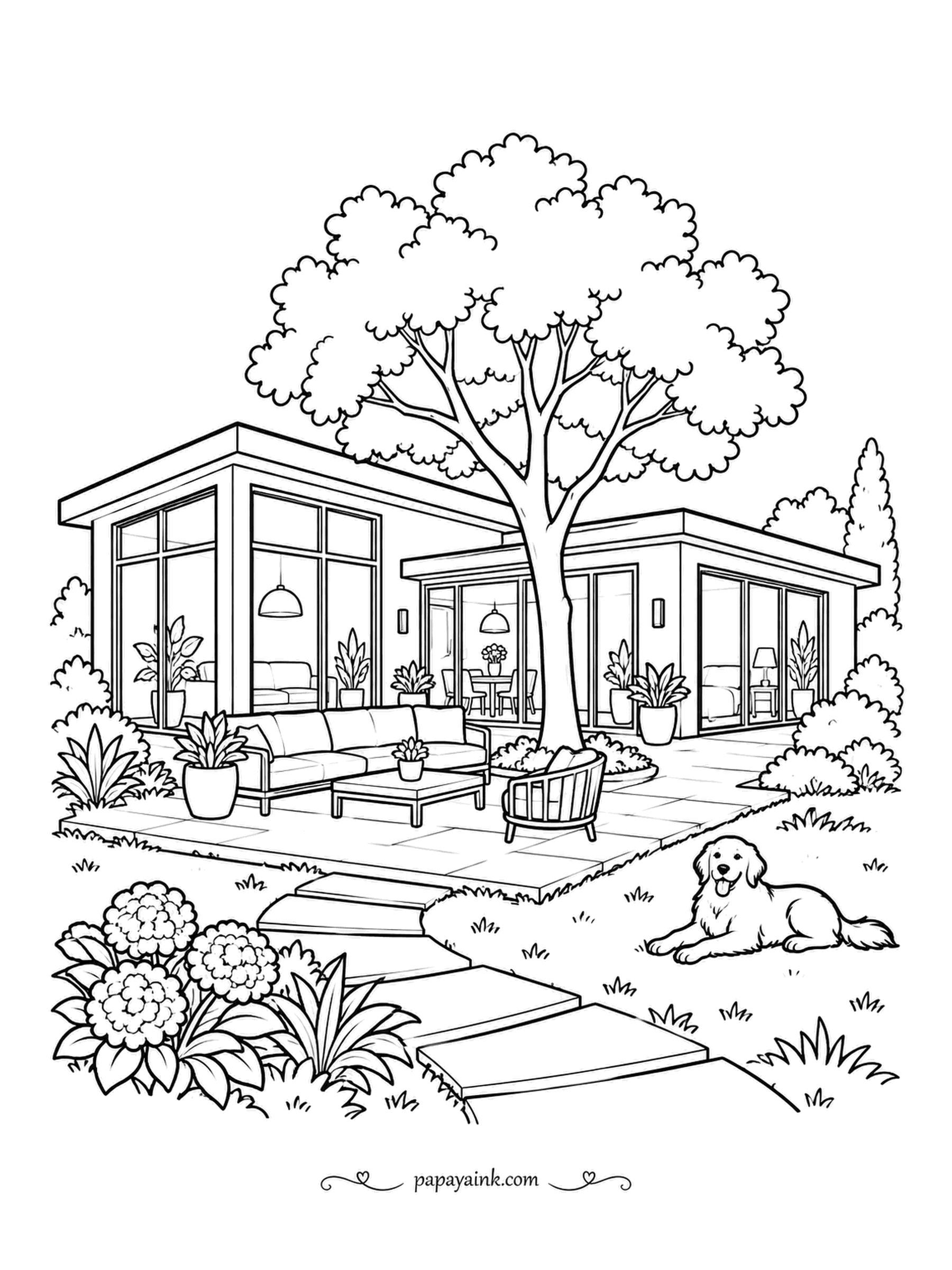 House Coloring Pages - Two flat-roofed glass pavilions with a courtyard between them, a tree growing right through the gap and an outdoor sofa on the terrace. A golden dog lies on the lawn by the hydrangeas. Charcoal for the roof edges, pale wood for everything else.