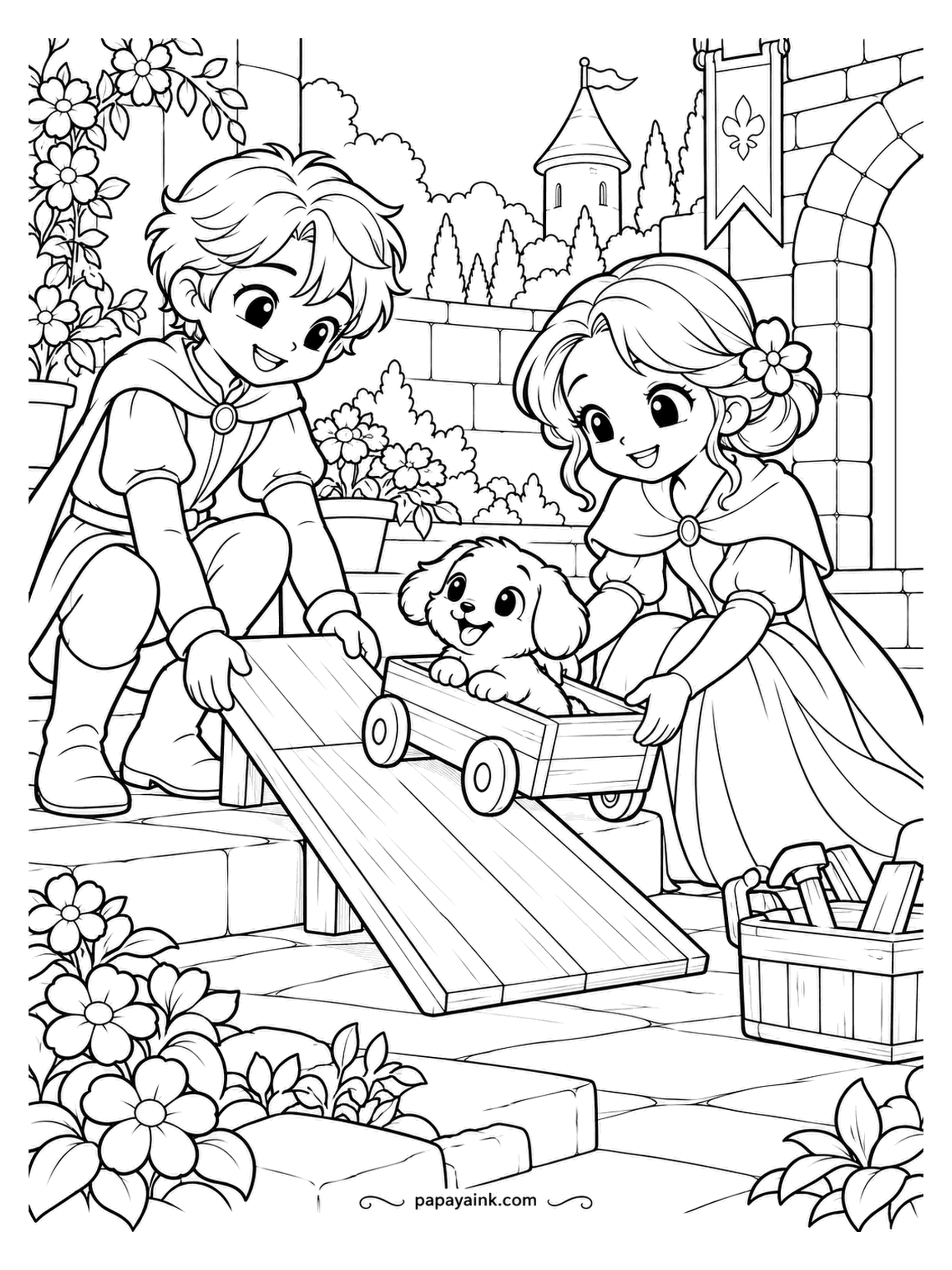 Kawaii Princess Coloring Pages - Engineering in the courtyard: a plank, a step, a toolbox, and the puppy gets a ramp for his wagon. The prince holds the board steady while the princess stops the cart rolling off early. Flowers before the wall, or the stone wins.