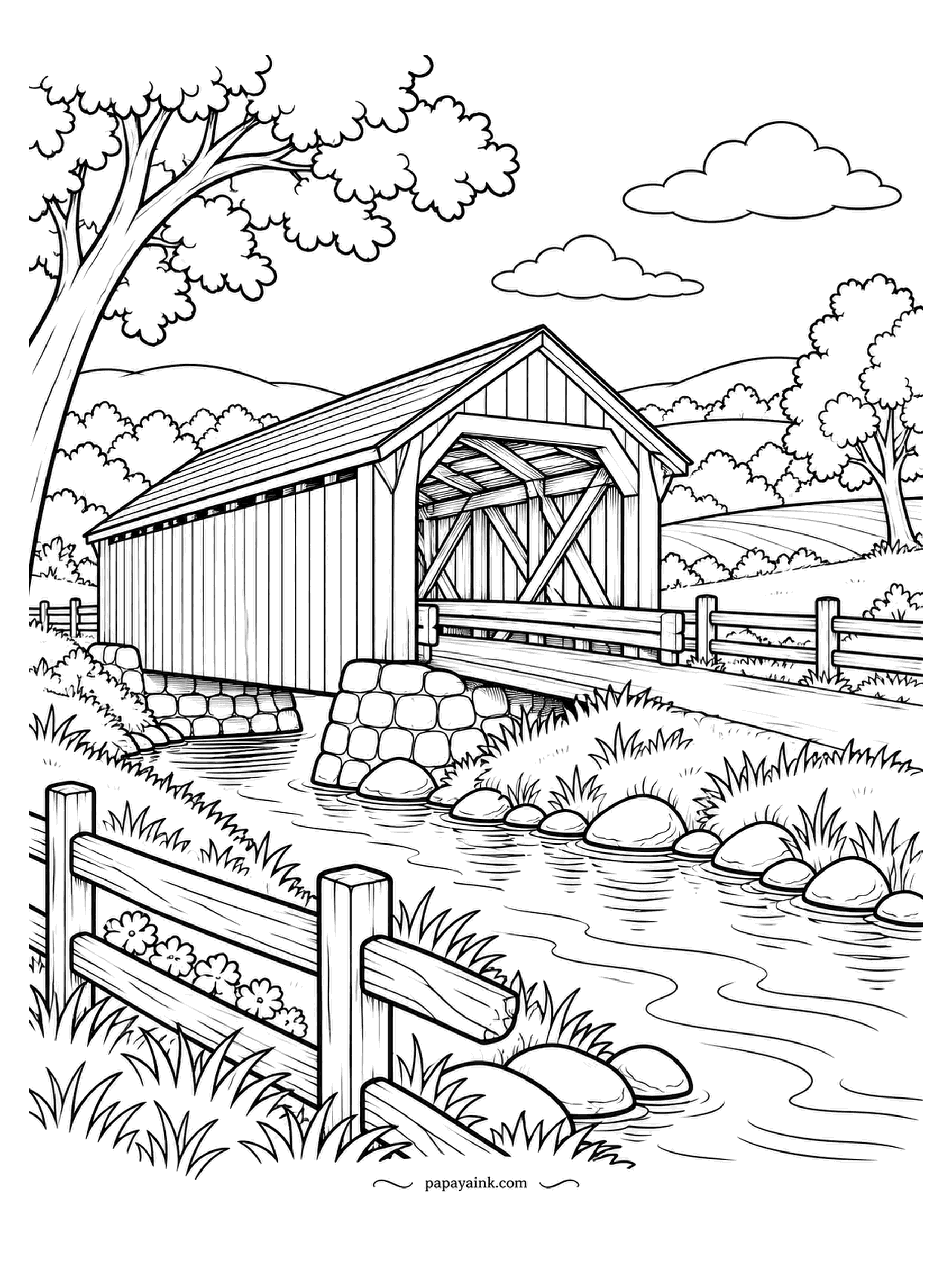 Farm Coloring Pages - Covered bridge over a shallow creek, stone piers in the water and a split-rail fence running down to the bank. Board siding, exposed trusswork at the mouth. Rough wood here, so a light pencil texture suits the planks better than a flat fill.