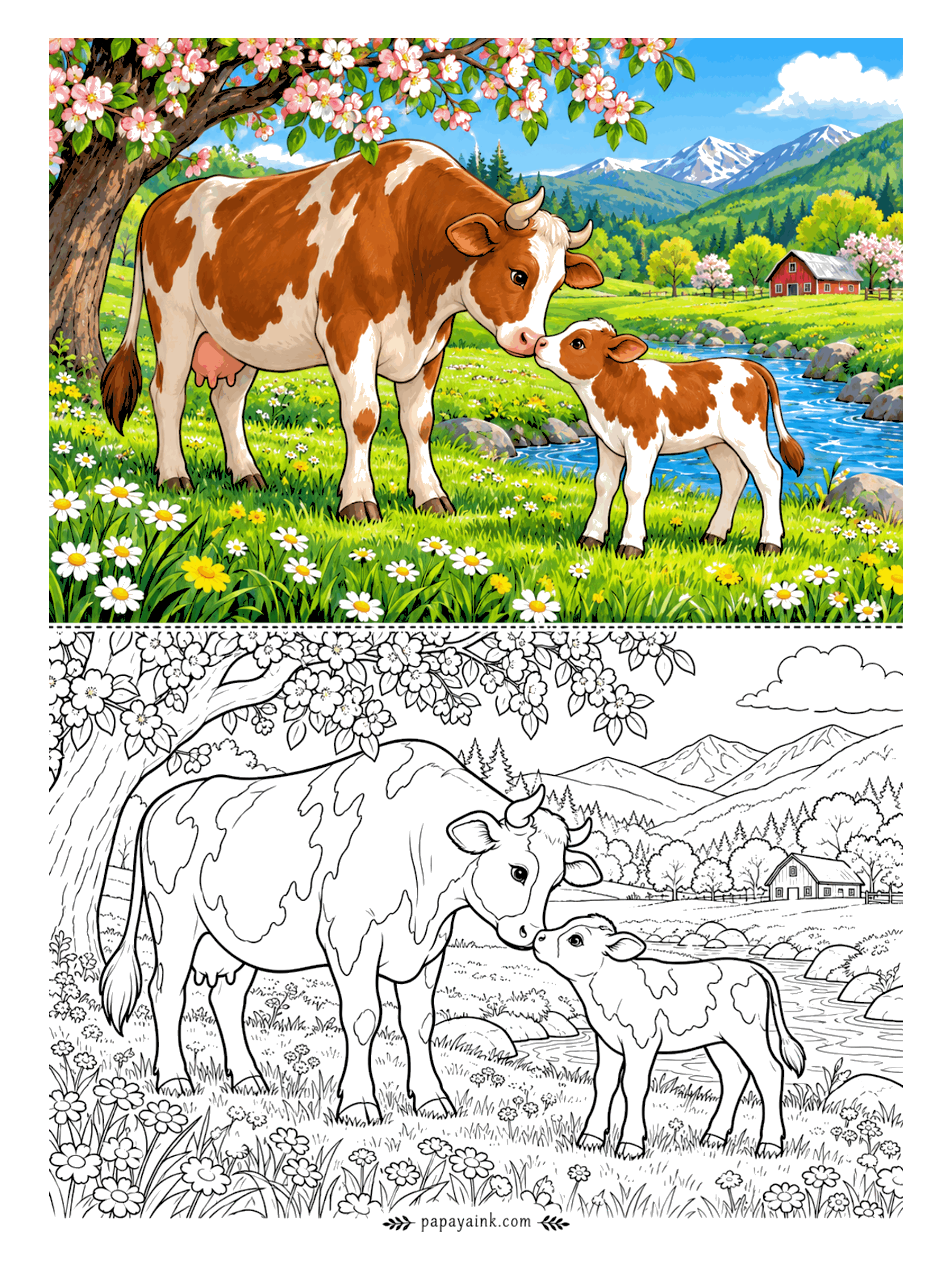 Cow Coloring Pages - Nose to nose under a blossoming tree: the brown-and-white cow and her calf, a red barn and snowy peaks far off, daisies everywhere. Patches first, then grass in two greens - a simple page with a lot of sky.