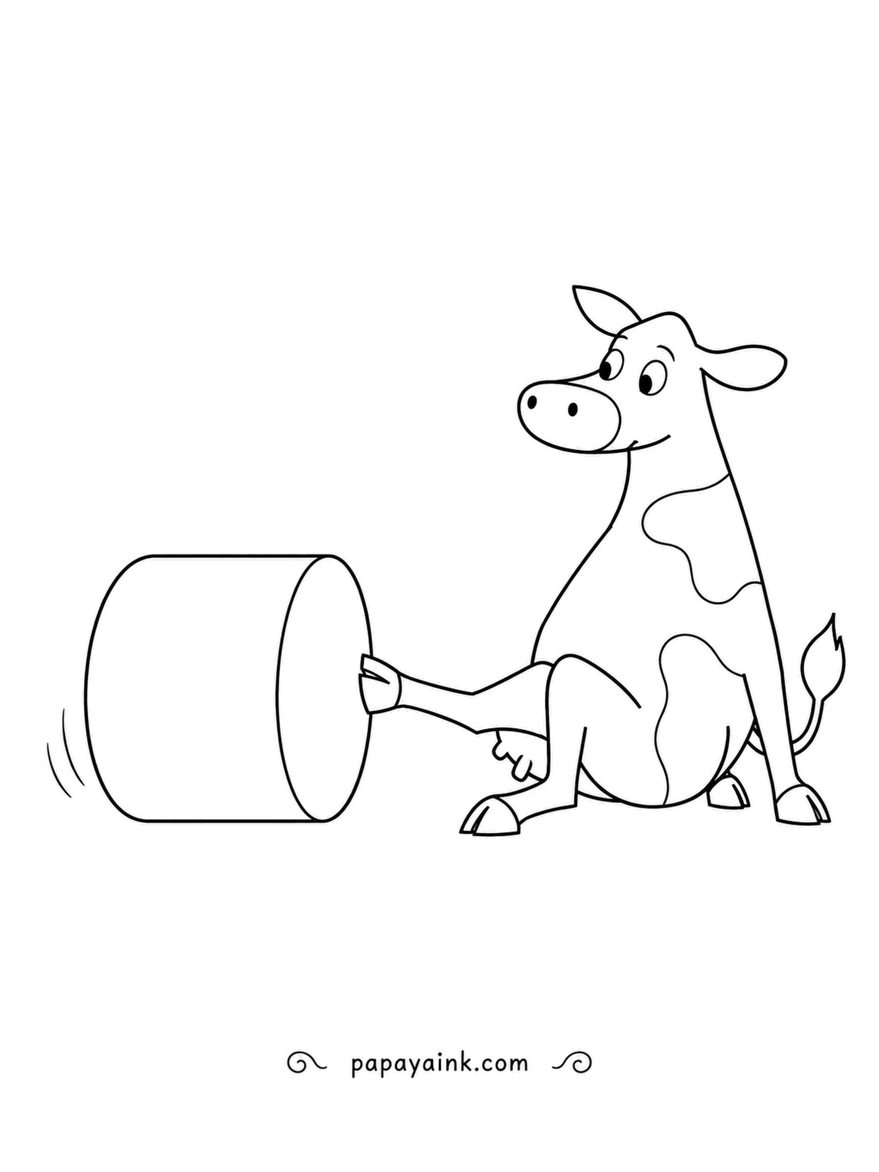 Cow Coloring Pages - Back on its haunches, the cow stops a runaway drum with one outstretched hind leg, quite pleased with the save. Motion marks show it was going fast. Quick and easy to color.