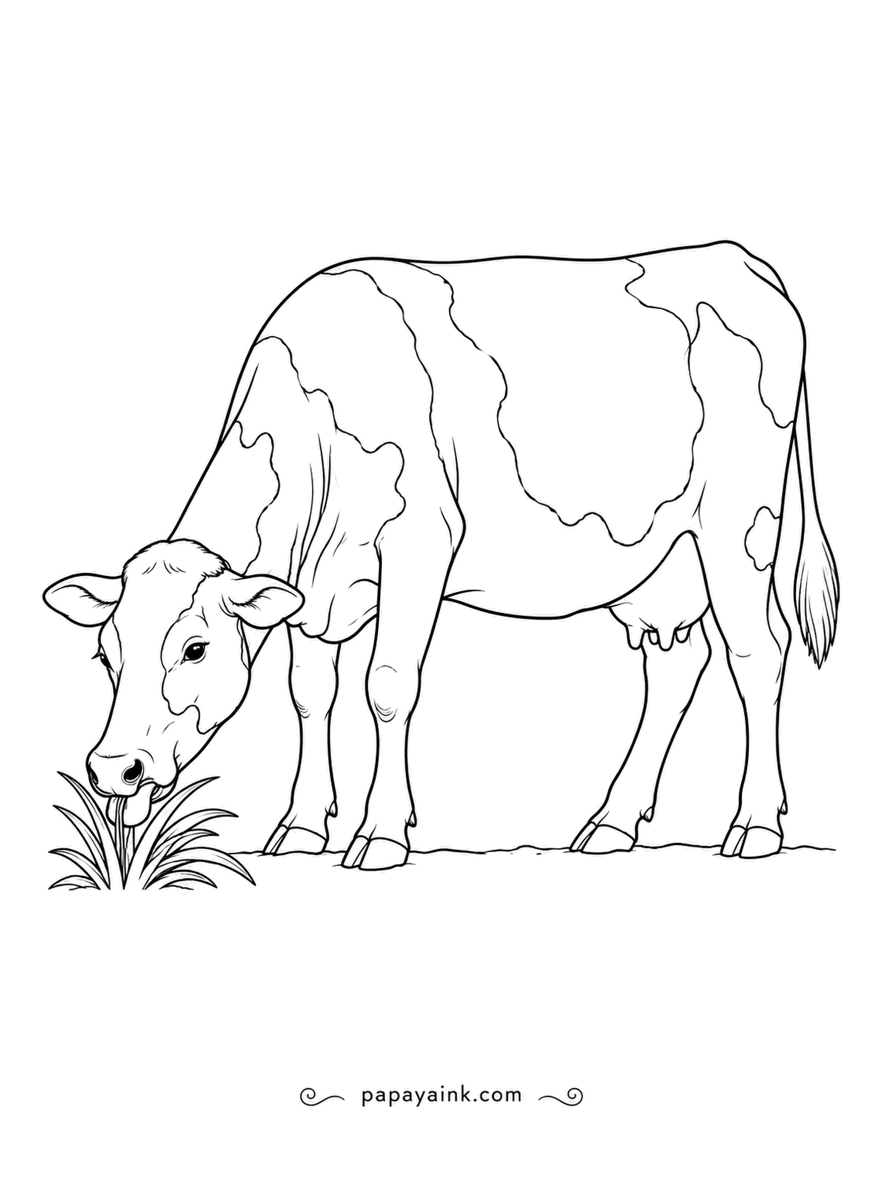Cow Coloring Pages - Cows have no upper front teeth, so they wrap their long tongue around a tuft of grass and tear it off. This one is mid-bite. Realistic markings and a simple background.