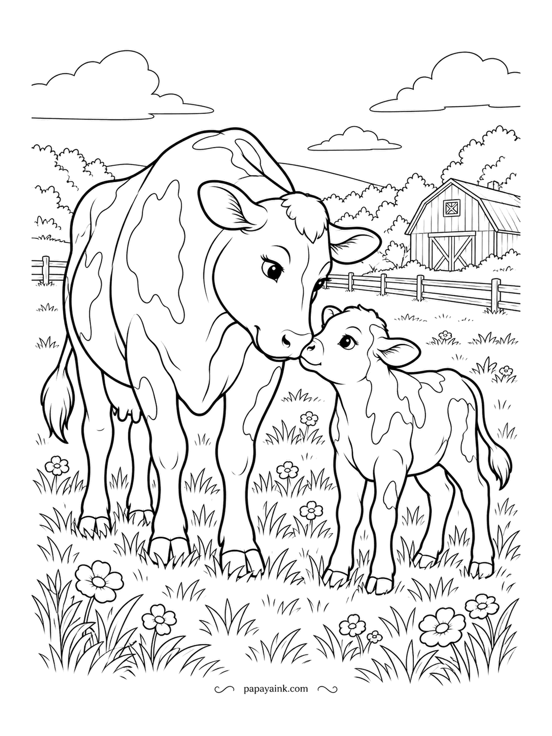 Farm Coloring Pages - Dairy cow touching noses with her calf in a meadow, a red barn and a fence in the distance. Both are spotted, so the patches are the whole job: black, brown, or one of each on a pale coat.