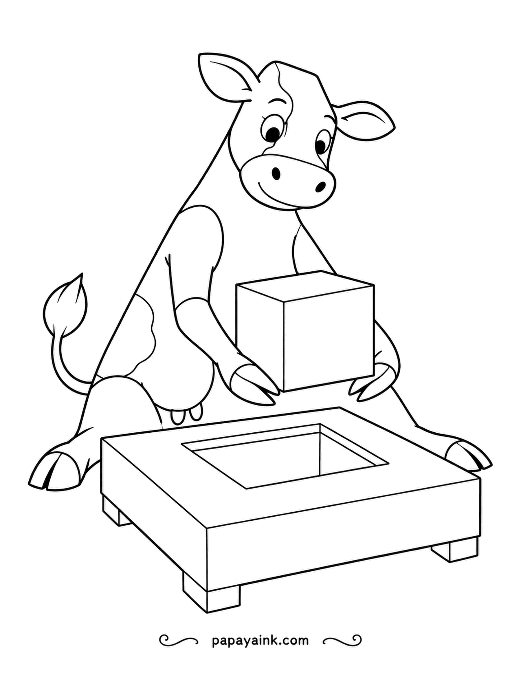 Cow Coloring Pages - Square peg, matching hole: a careful heifer lowers a cube into the recess, eyes fixed on the corners so it drops in straight. Clean contours and a calm, focused expression.