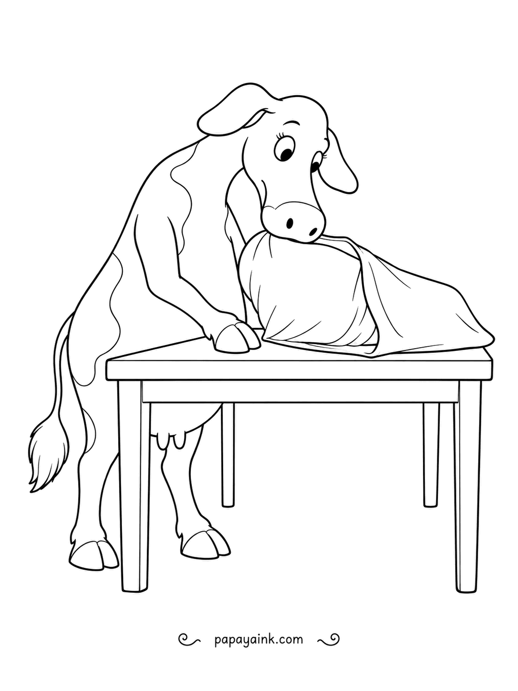 Cow Coloring Pages - Pillowcases are tricky without hands, but steady progress is being made at the table, one corner at a time, nose doing most of the work. Soft folds and a tidy table - pastel bedding suits it.