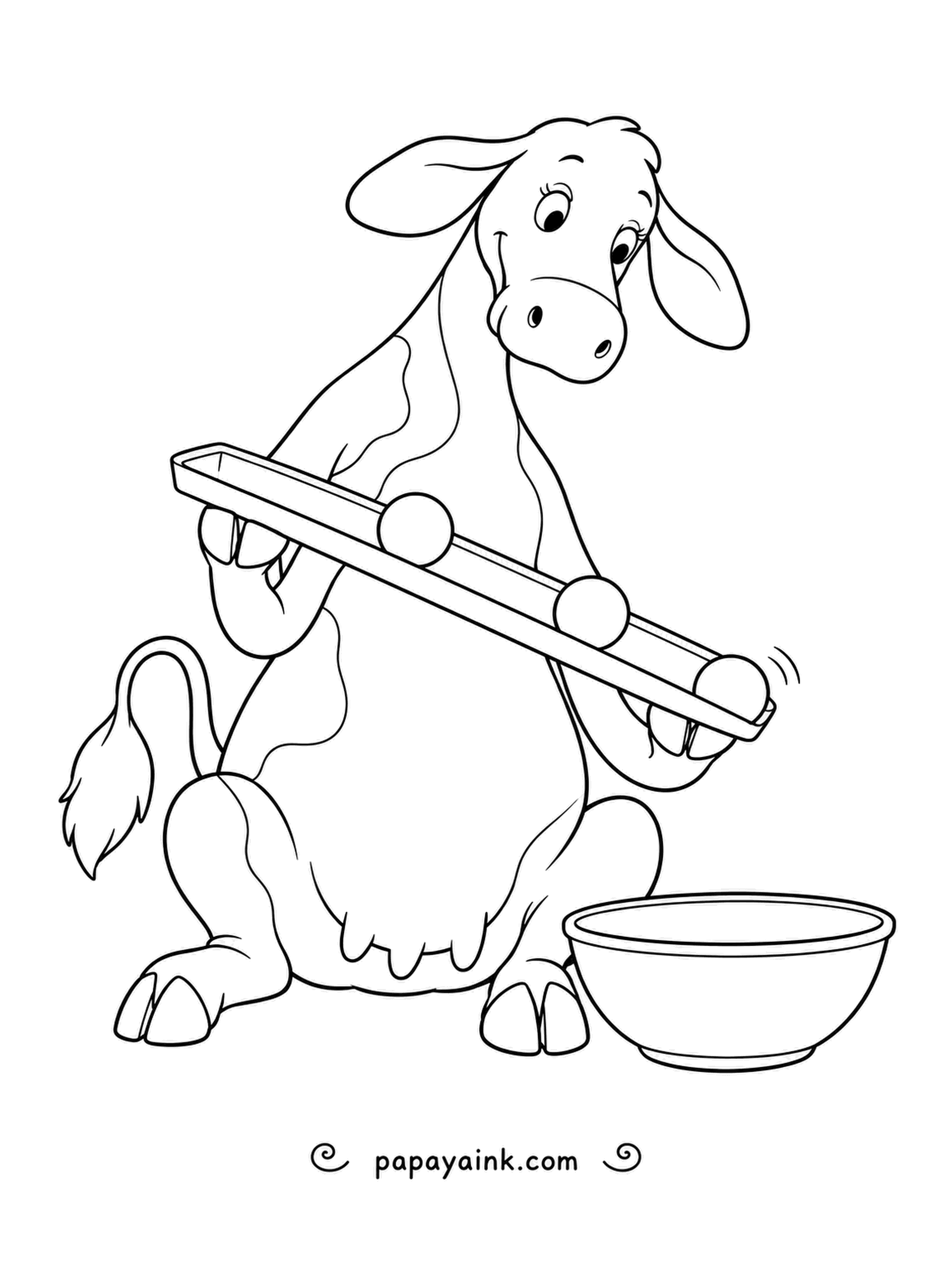Cow Coloring Pages - Tray tipped, beads rolling: chunky marbles trundle down the slope into the waiting bowl while the seated cow pours with careful concentration. Uncomplicated shapes throughout.