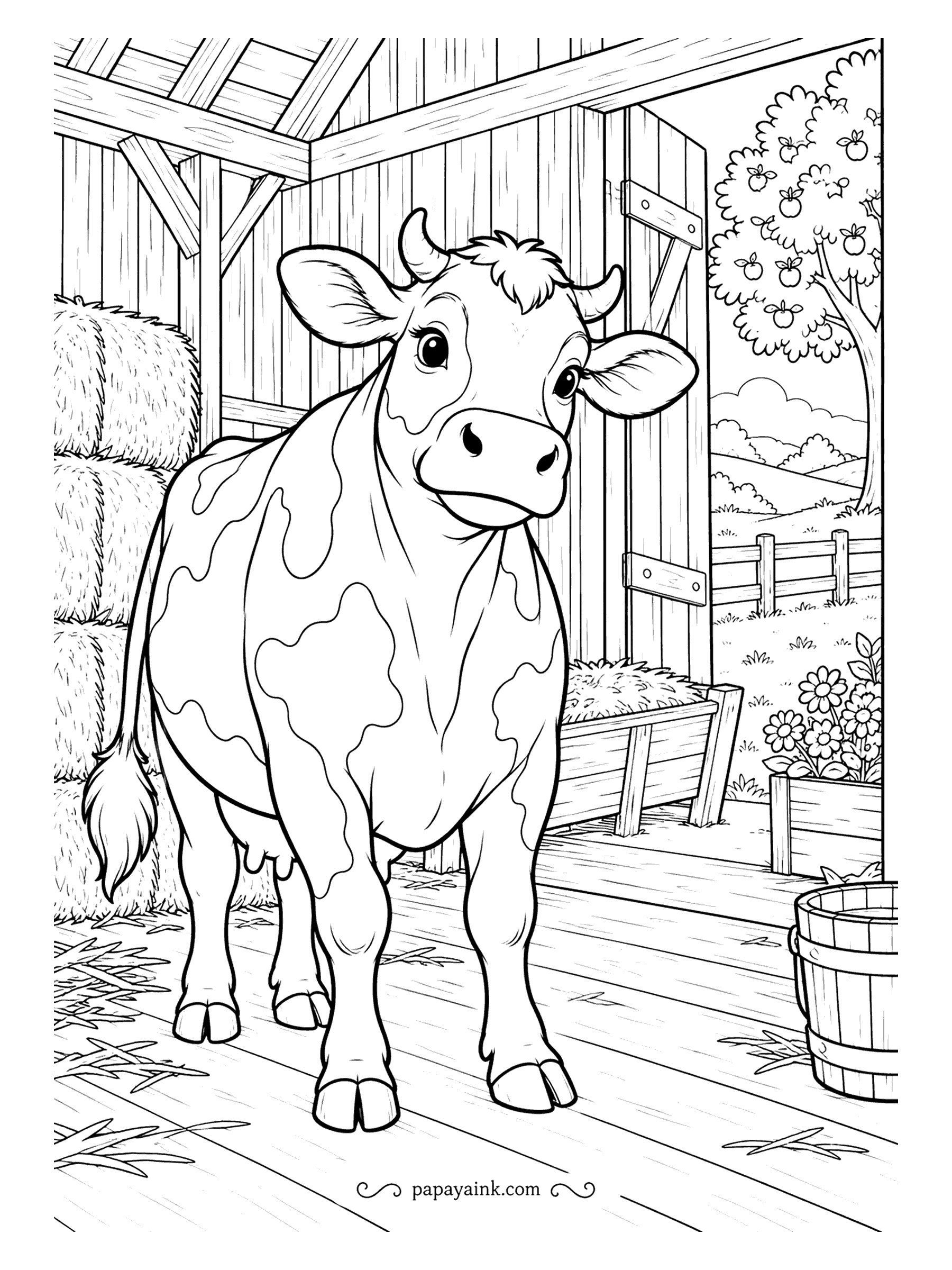 Cow Coloring Pages - Inside the barn, with hay bales, a trough and the door open to the orchard. Wood grain runs through most of the scene, and three browns plus a warm gray will cover it. The apples in the tree are the place for a bright accent.