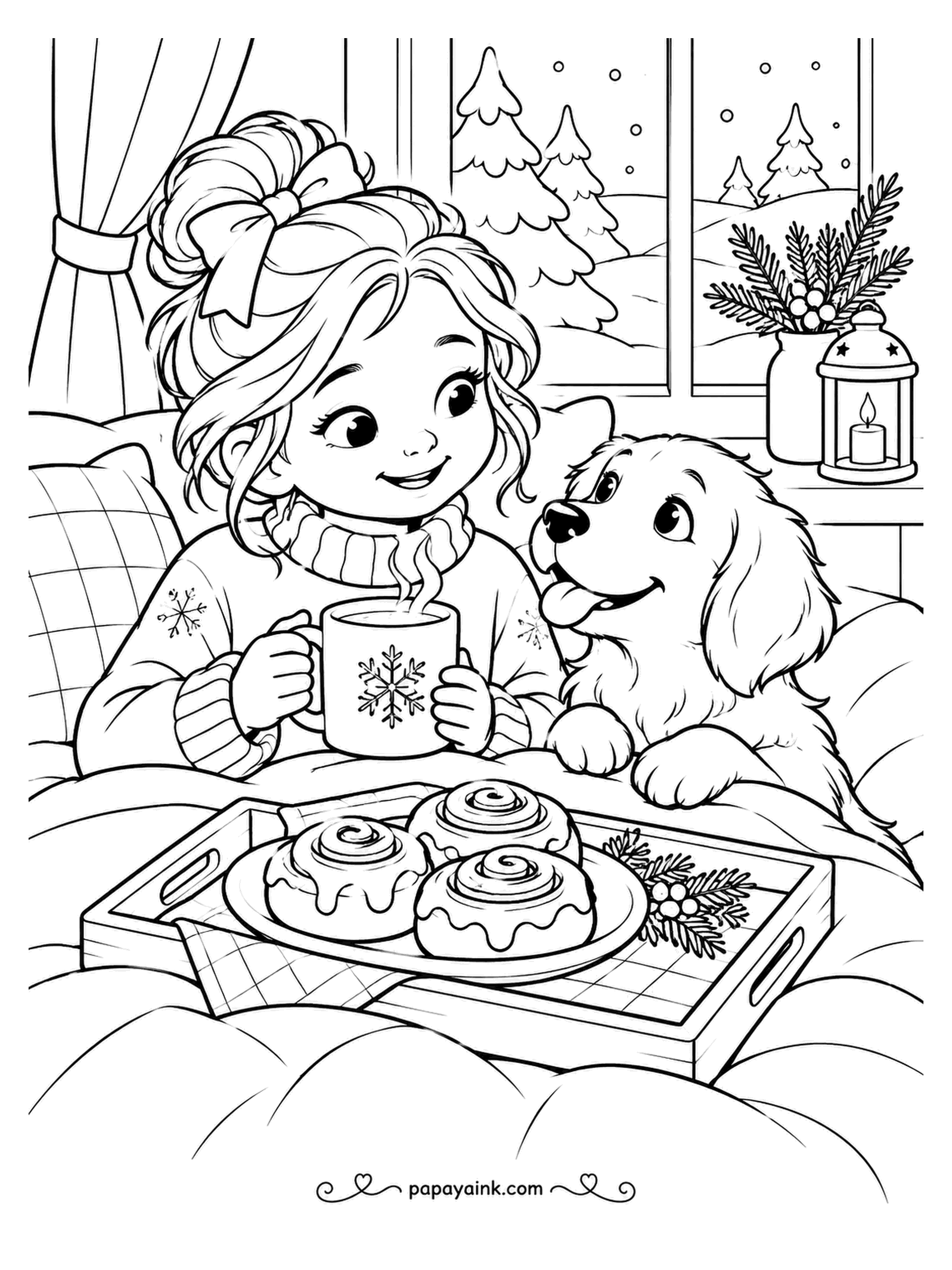 December Coloring Pages - Breakfast in bed, snow-day edition. Cinnamon rolls on a tray, a steaming mug of milk, and a golden puppy who is officially not allowed on the bed. The icing stays as it is; the rolls want a warm caramel brown with darker spirals.