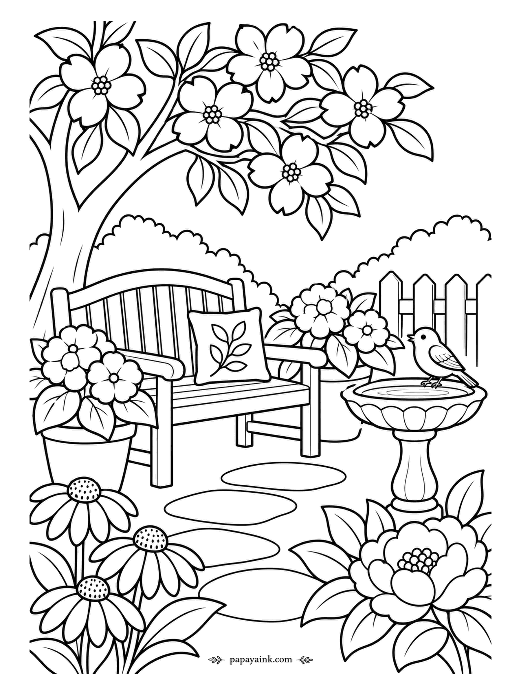 Garden Coloring Pages - Under a dogwood in full bloom, a wooden bench waits with a cushion, flanked by pots of flowers and a birdbath that already has a visitor. Coneflowers and a peony fill the front. Detailed - the dogwood alone has a dozen blossoms to shade.