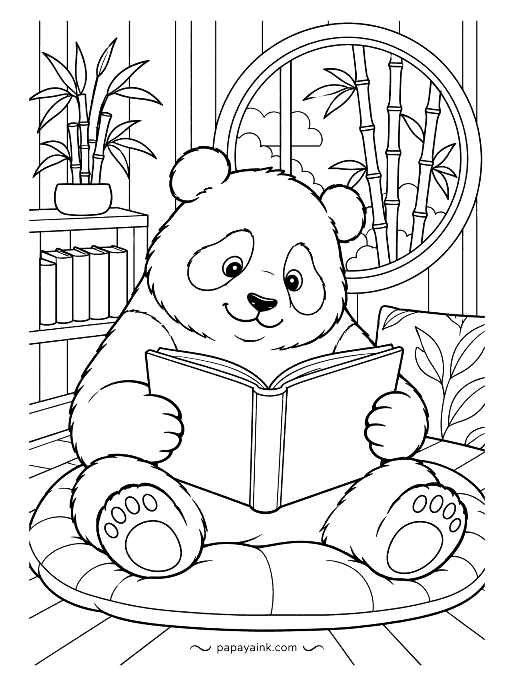Panda Coloring Pages - The panda has taken the afternoon off, settled on a floor cushion with a book open and bamboo in a round window behind it. Warm wood tones for the floor and shelves, then whatever color the book deserves.