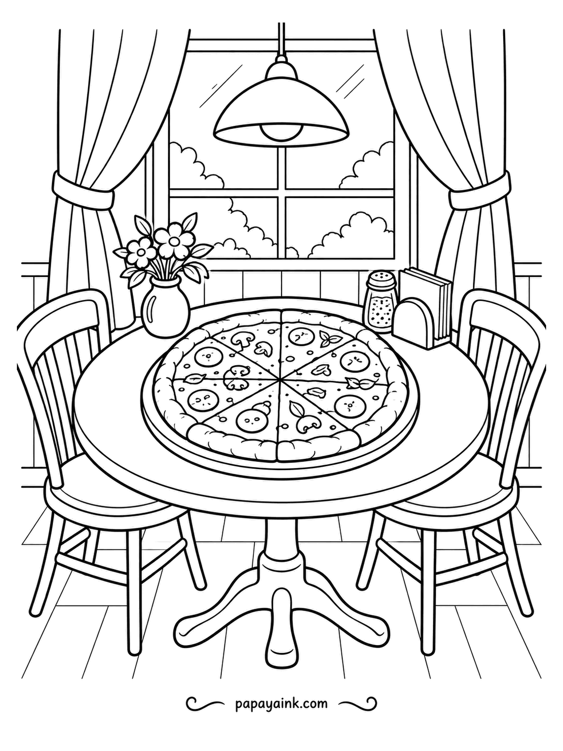 Pizza Coloring Pages - No people, just the table set for them: a whole pizza under a pendant lamp, curtains tied back, flowers in a vase, clouds in the window. The tiled floor is an invitation to a two-color checkerboard.