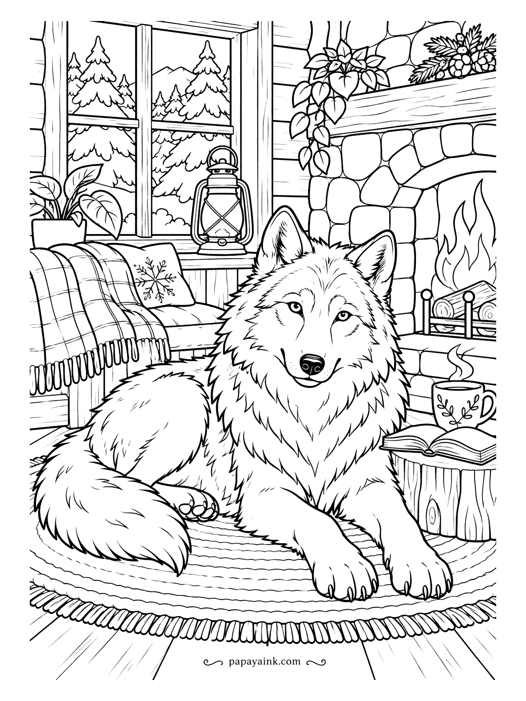 Wolf Coloring Pages - By a stone fireplace a wolf lies on a braided rug, a plaid blanket, lantern and cup of tea behind it and snowy pines in the window. Warm it up: amber firelight on the fur. Detailed.