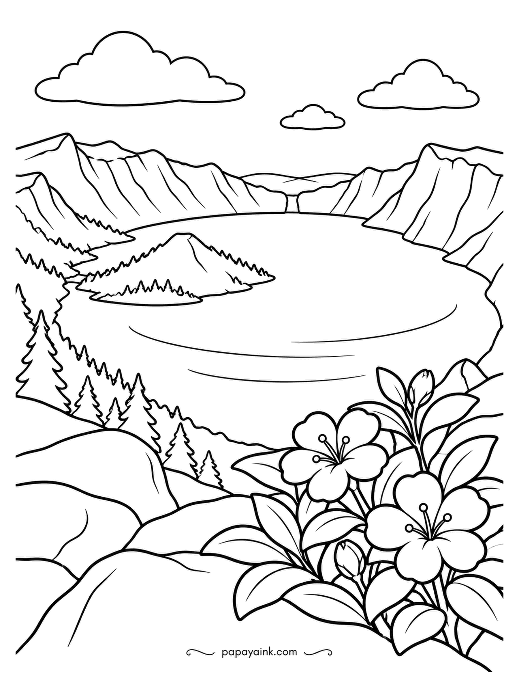 Nature Coloring Pages - Crater Lake fills the shell of a collapsed volcano, and the cone of Wizard Island rises from it like a hat left floating. Firs line the rim and azaleas bloom at your feet. It is famous for one impossible blue: use your deepest.