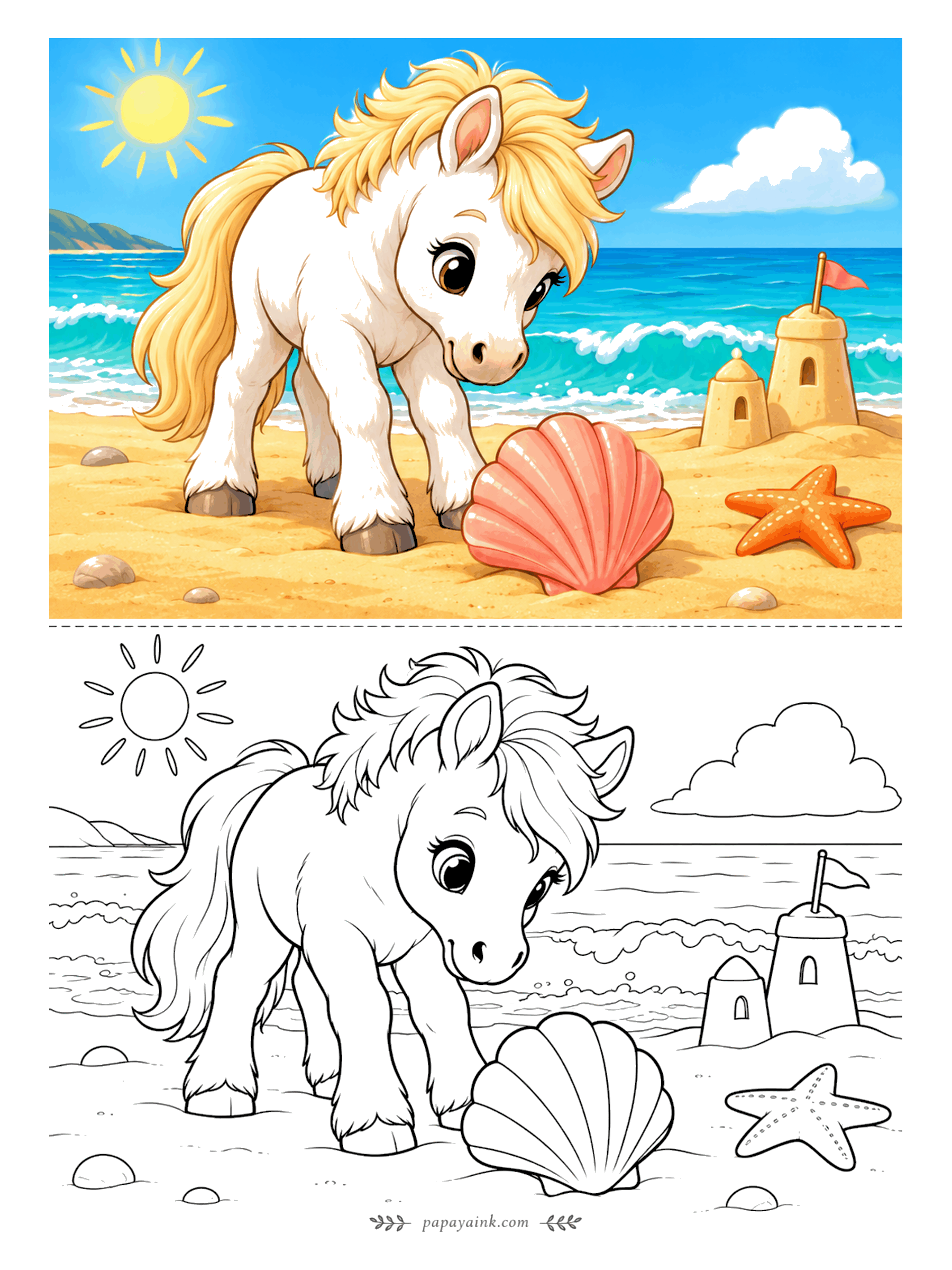 Cute Horse Coloring Pages - Beach day for a cream foal with a blonde mane. She has found a scallop shell near the sandcastle, with a starfish for company. Turquoise water, pale sand and a pink shell - a sunny, simple page.