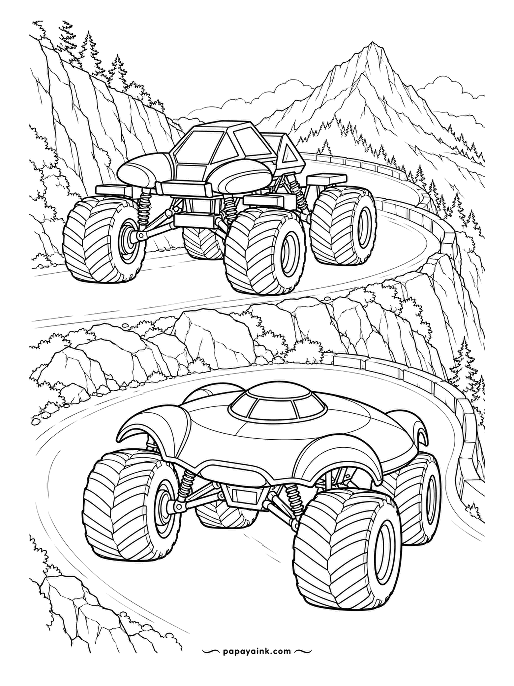 Monster Truck Coloring Pages - Hairpin road stacked in levels down a mountainside: a crossbar-capsule truck on the top bend, a dome-topped one on the lower. Pines and a snow peak above. Detailed - a long evening page.