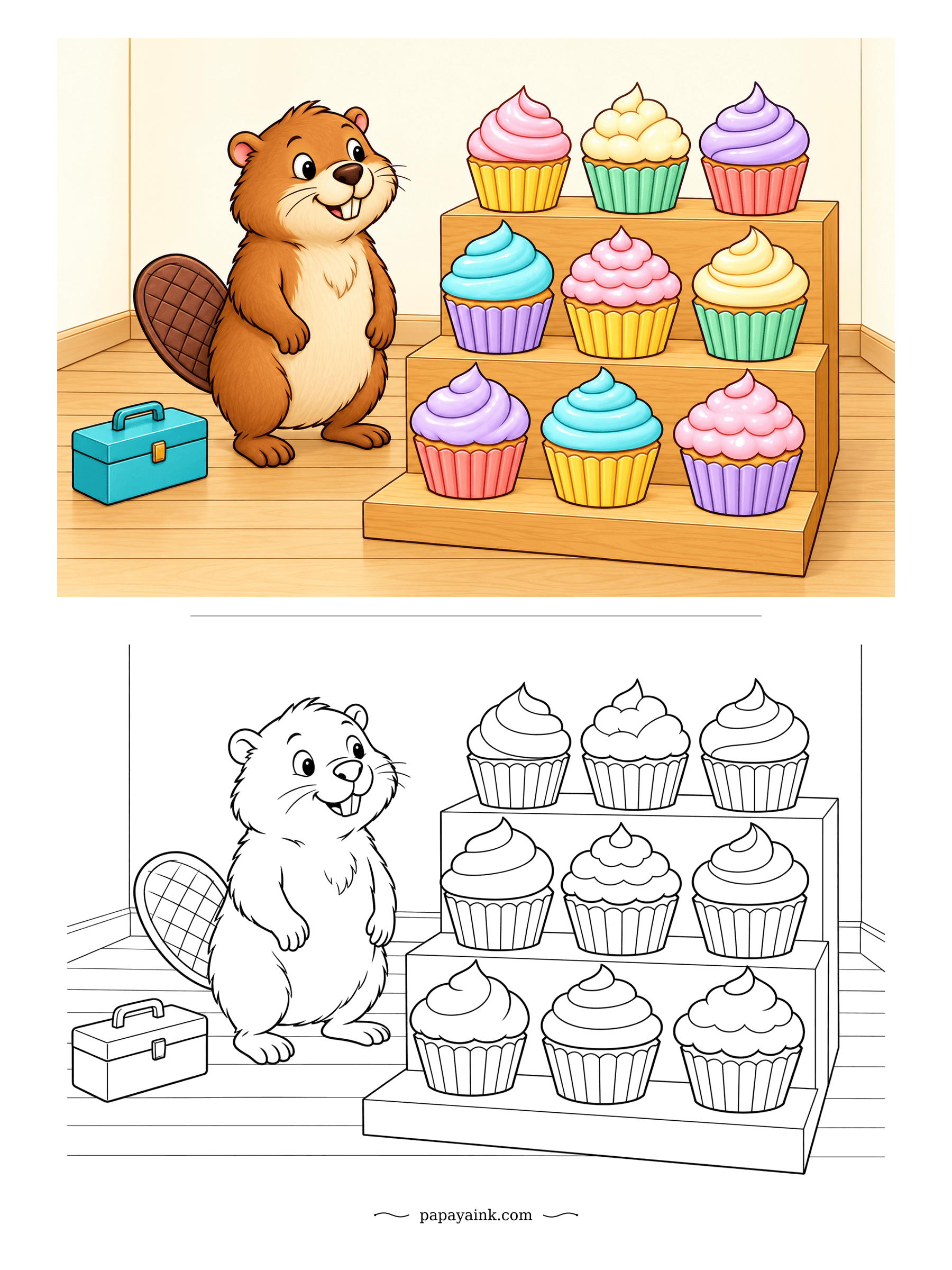 Cupcake Coloring Pages - Nobody builds a stepped stand like a beaver. Three tiers of plain wood, nine pastel domes, and the toolbox left on the floor. Copy the wrapper shades from the color sample, or shuffle them and see which row looks best.