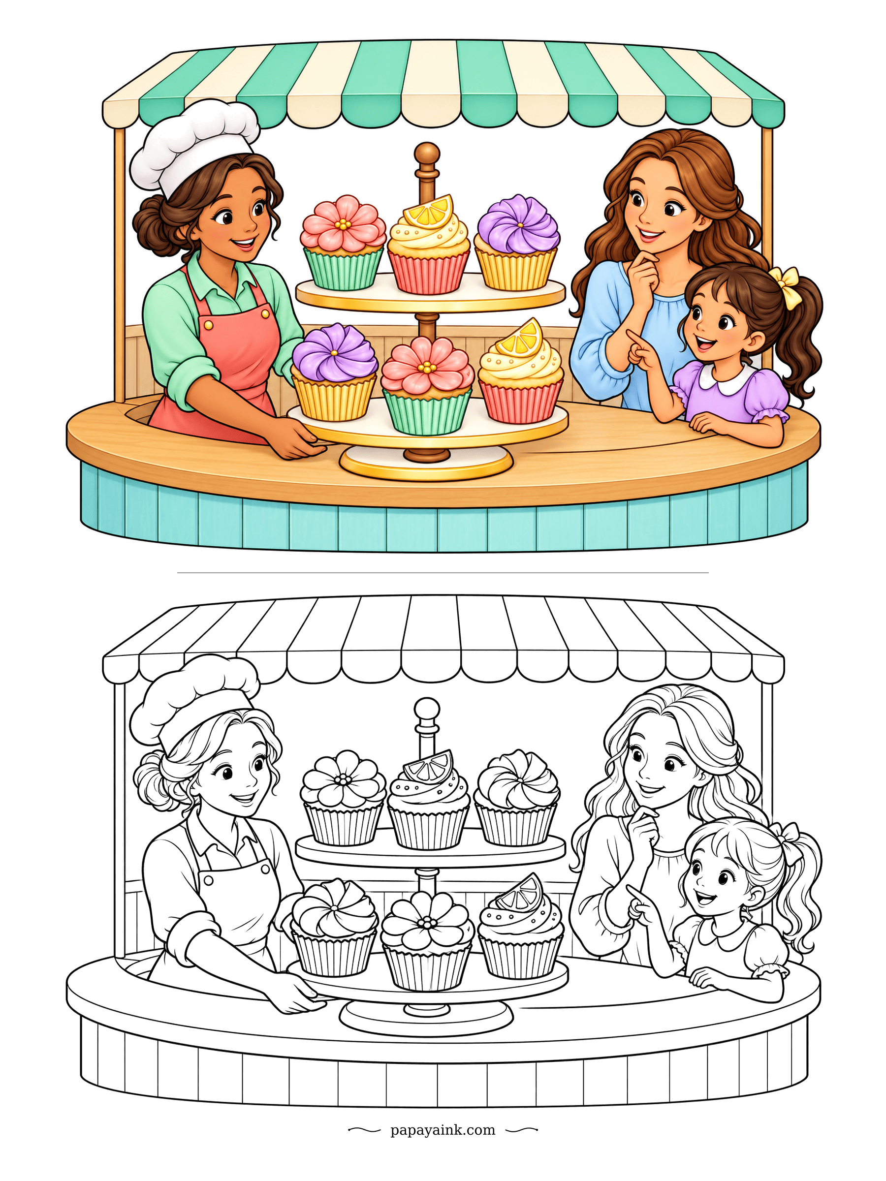 Cupcake Coloring Pages - Round and round goes the two-tier server, so mother and daughter can inspect every side before choosing. Lemon slices, sugar flowers and plain peaks on both levels. A striped awning in seafoam and cream sets the mood.