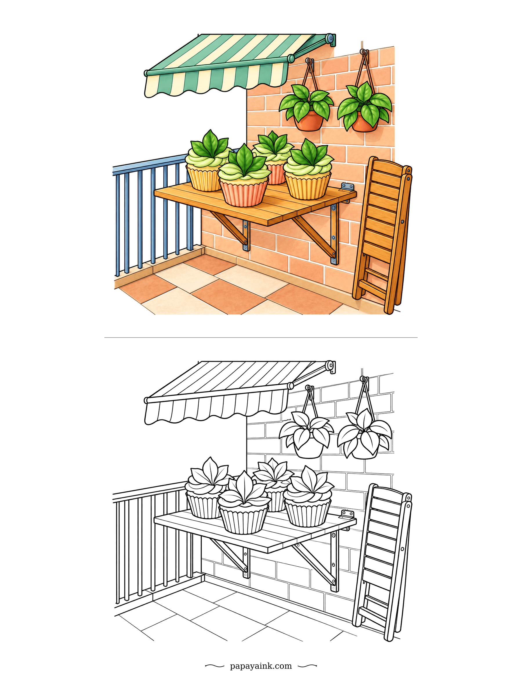 Cupcake Coloring Pages - Balcony living: a fold-down shelf just wide enough for four leafy cupcakes, hanging pots above and a folding ladder against the brick. Terracotta and sage on the original; real balconies come in any shade.